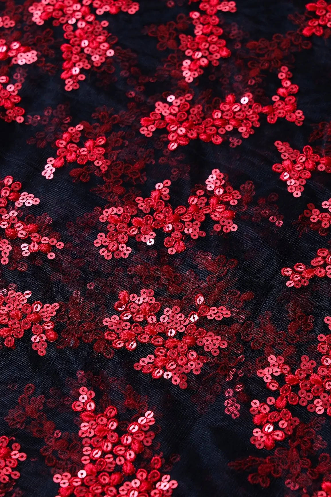 Exclusive Red Thread With Sequins Abstract Embroidery Work On Black Soft Net Fabric