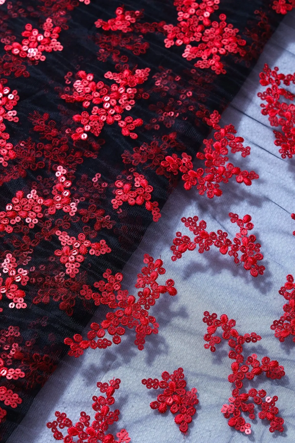 Exclusive Red Thread With Sequins Abstract Embroidery Work On Black Soft Net Fabric