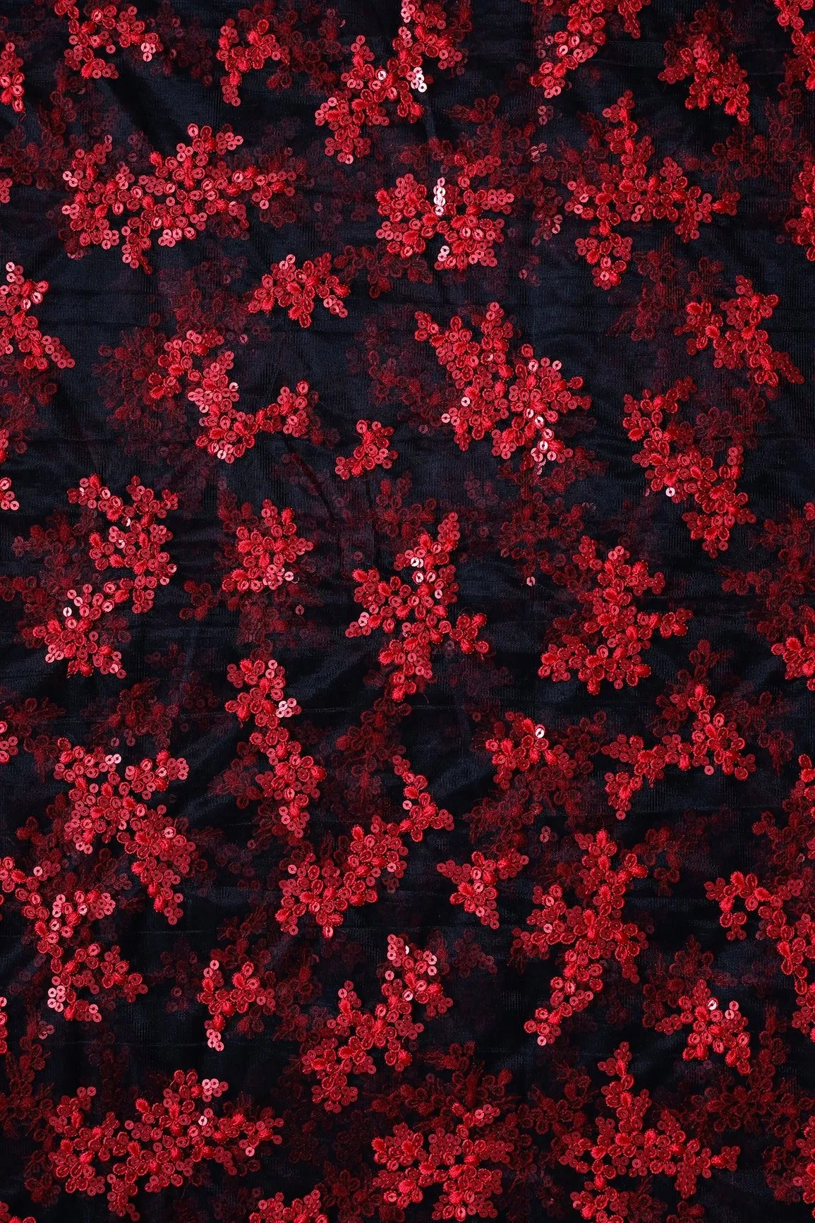 Exclusive Red Thread With Sequins Abstract Embroidery Work On Black Soft Net Fabric