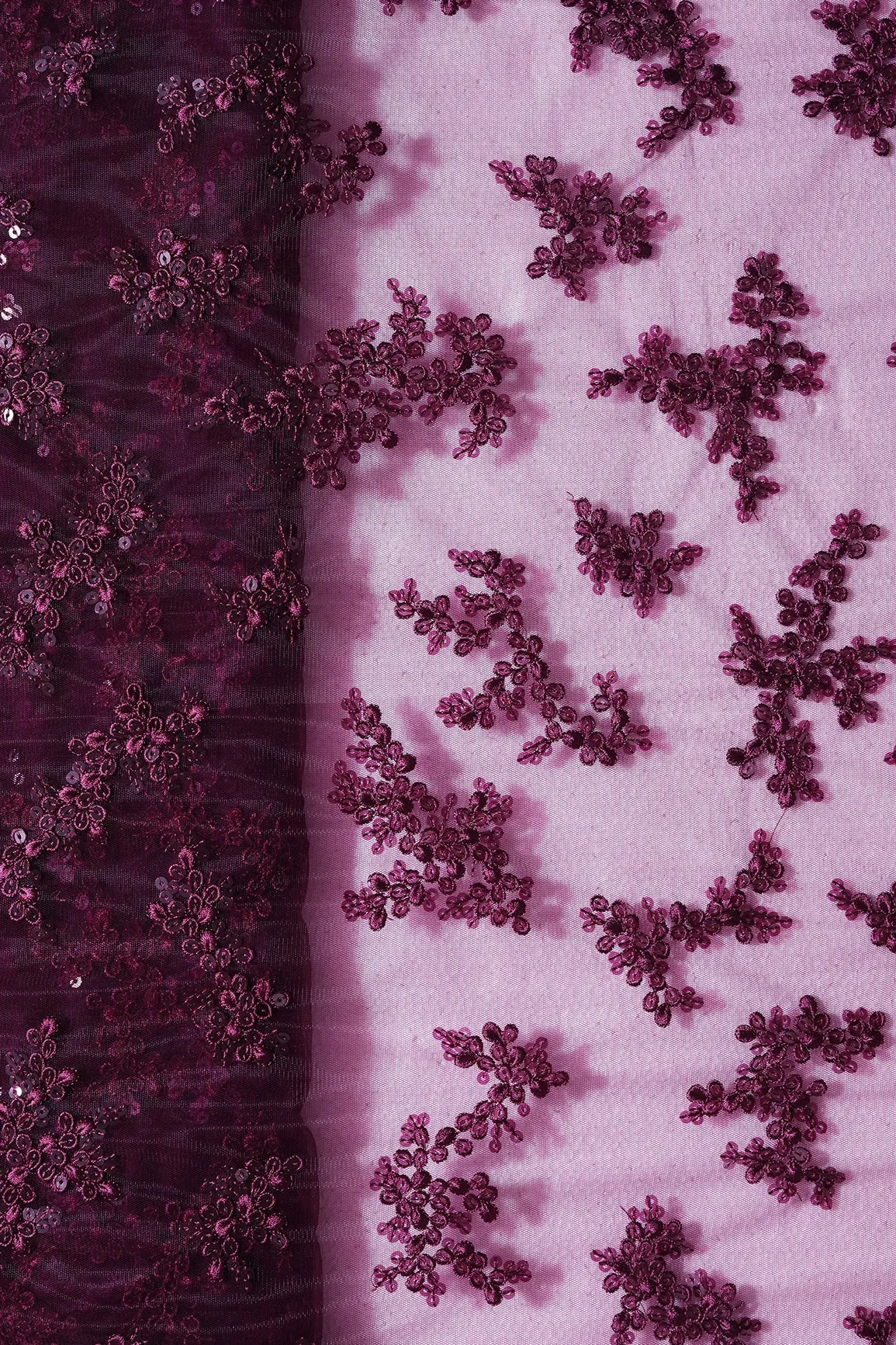 Exclusive Wine Thread With Sequins Abstract Embroidery Work On Wine Soft Net Fabric