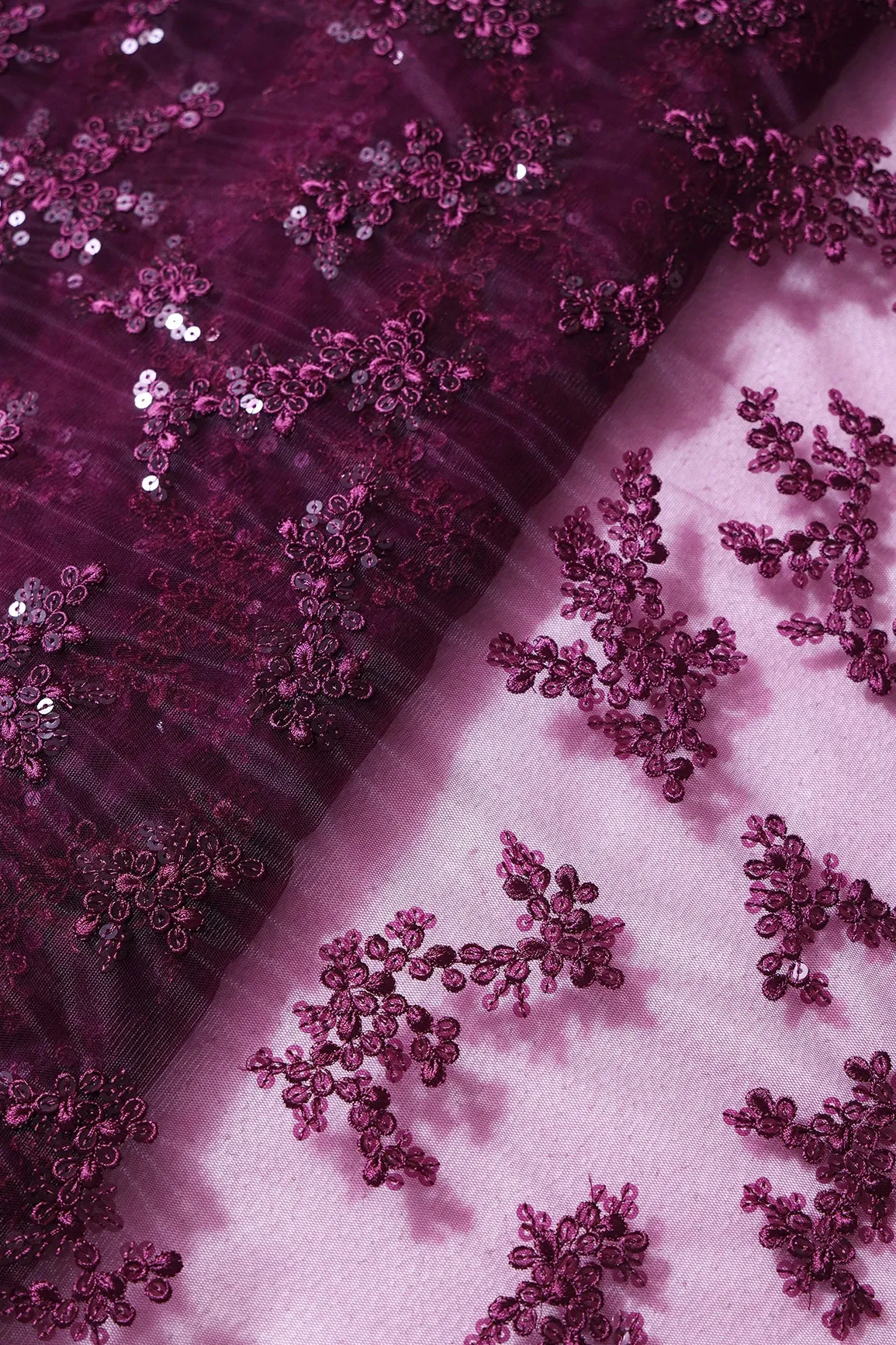 Exclusive Wine Thread With Sequins Abstract Embroidery Work On Wine Soft Net Fabric