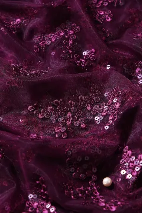 Exclusive Wine Thread With Sequins Abstract Embroidery Work On Wine Soft Net Fabric