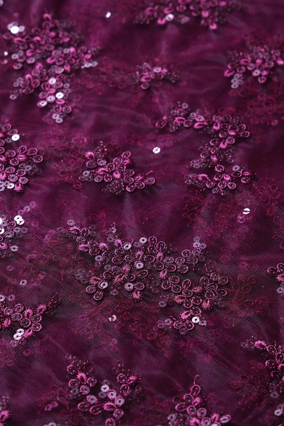 Exclusive Wine Thread With Sequins Abstract Embroidery Work On Wine Soft Net Fabric