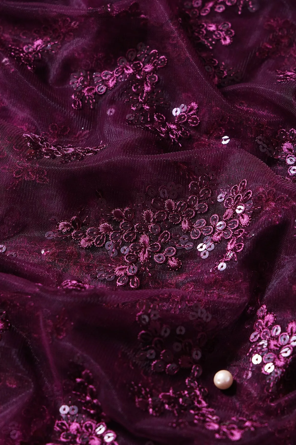 Exclusive Wine Thread With Sequins Abstract Embroidery Work On Wine Soft Net Fabric