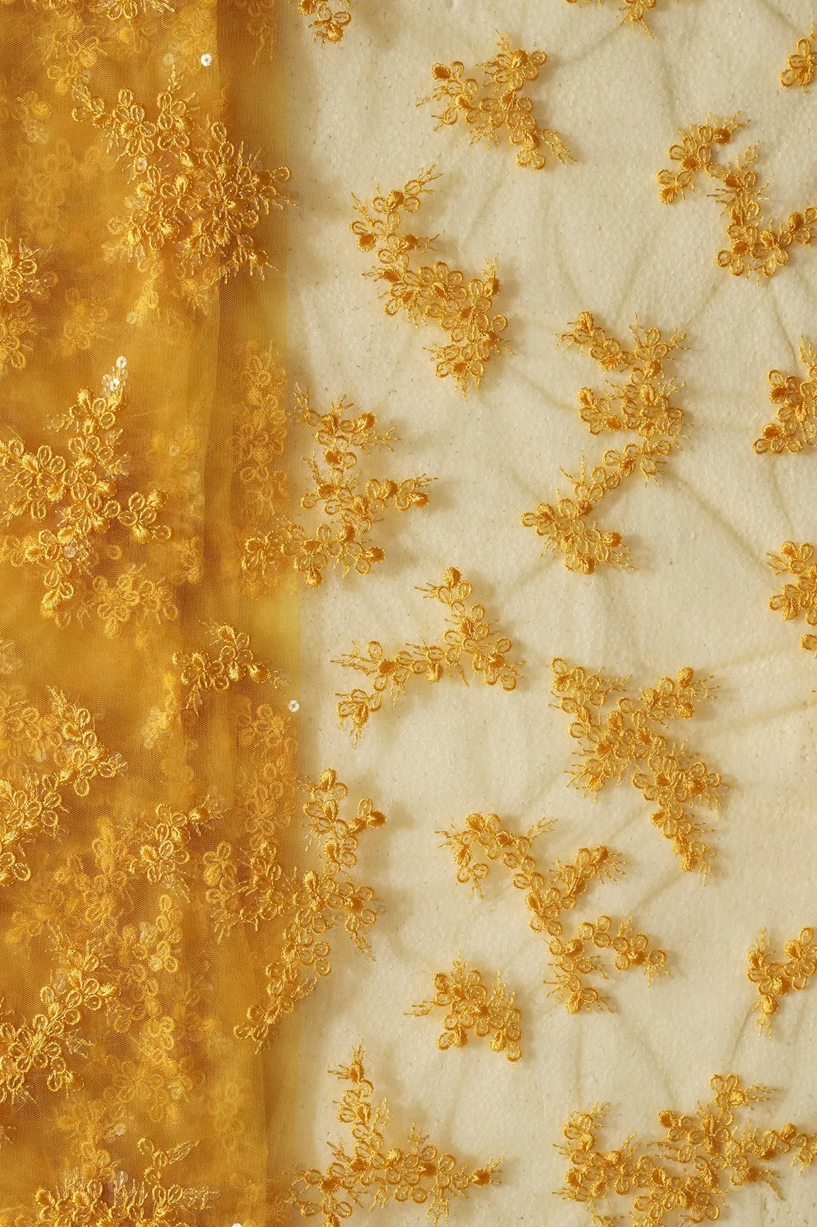 Exclusive Yellow Thread With Sequins Abstract Embroidery Work On Mustard Yellow Soft Net Fabric