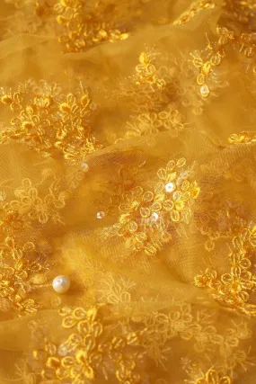 Exclusive Yellow Thread With Sequins Abstract Embroidery Work On Mustard Yellow Soft Net Fabric