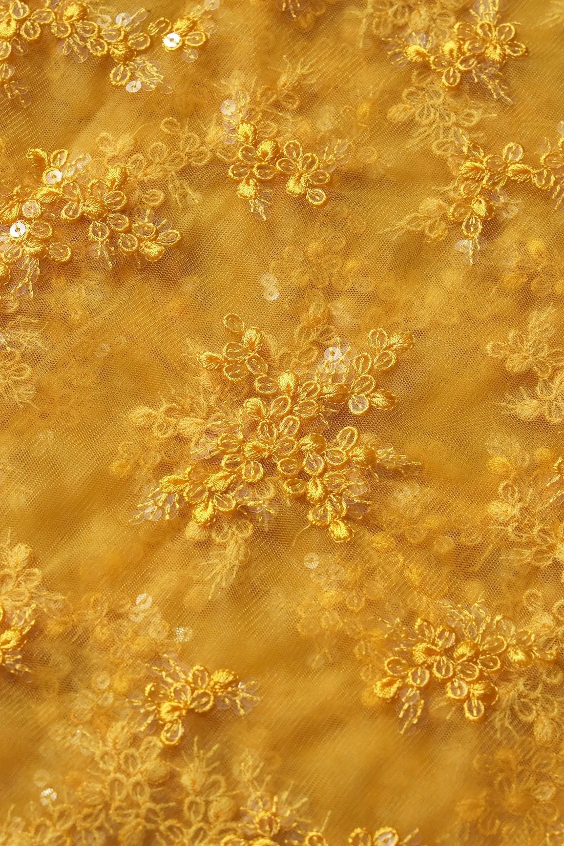 Exclusive Yellow Thread With Sequins Abstract Embroidery Work On Mustard Yellow Soft Net Fabric