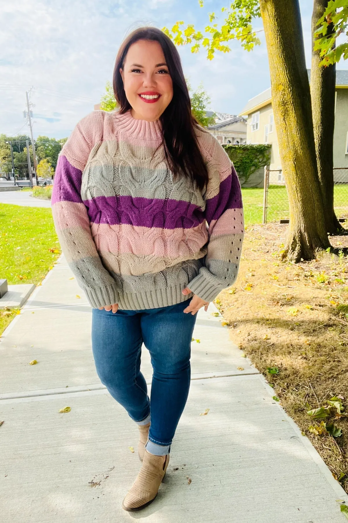 Fall For You Mauve Multicolor Stripe Cable Knit Mock Neck Sweater (Open Pack)