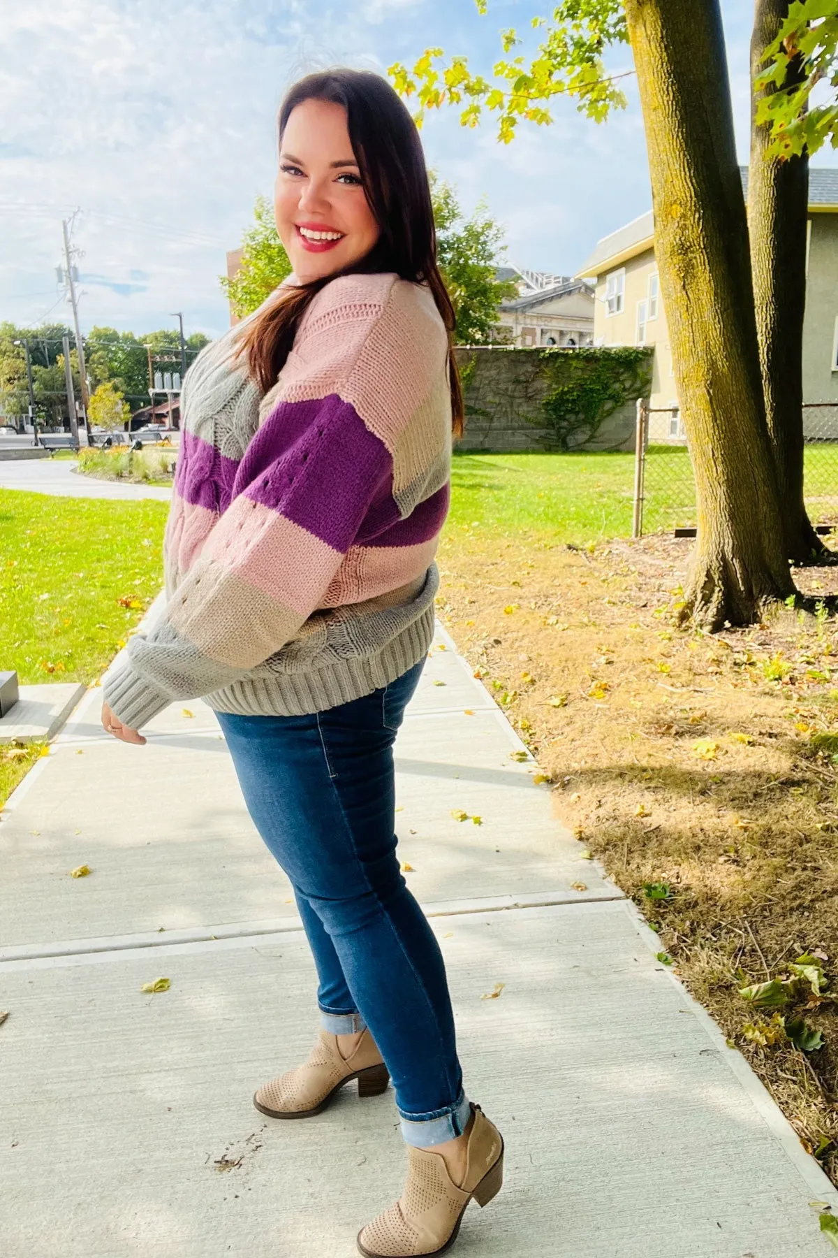 Fall For You Mauve Multicolor Stripe Cable Knit Mock Neck Sweater (Open Pack)