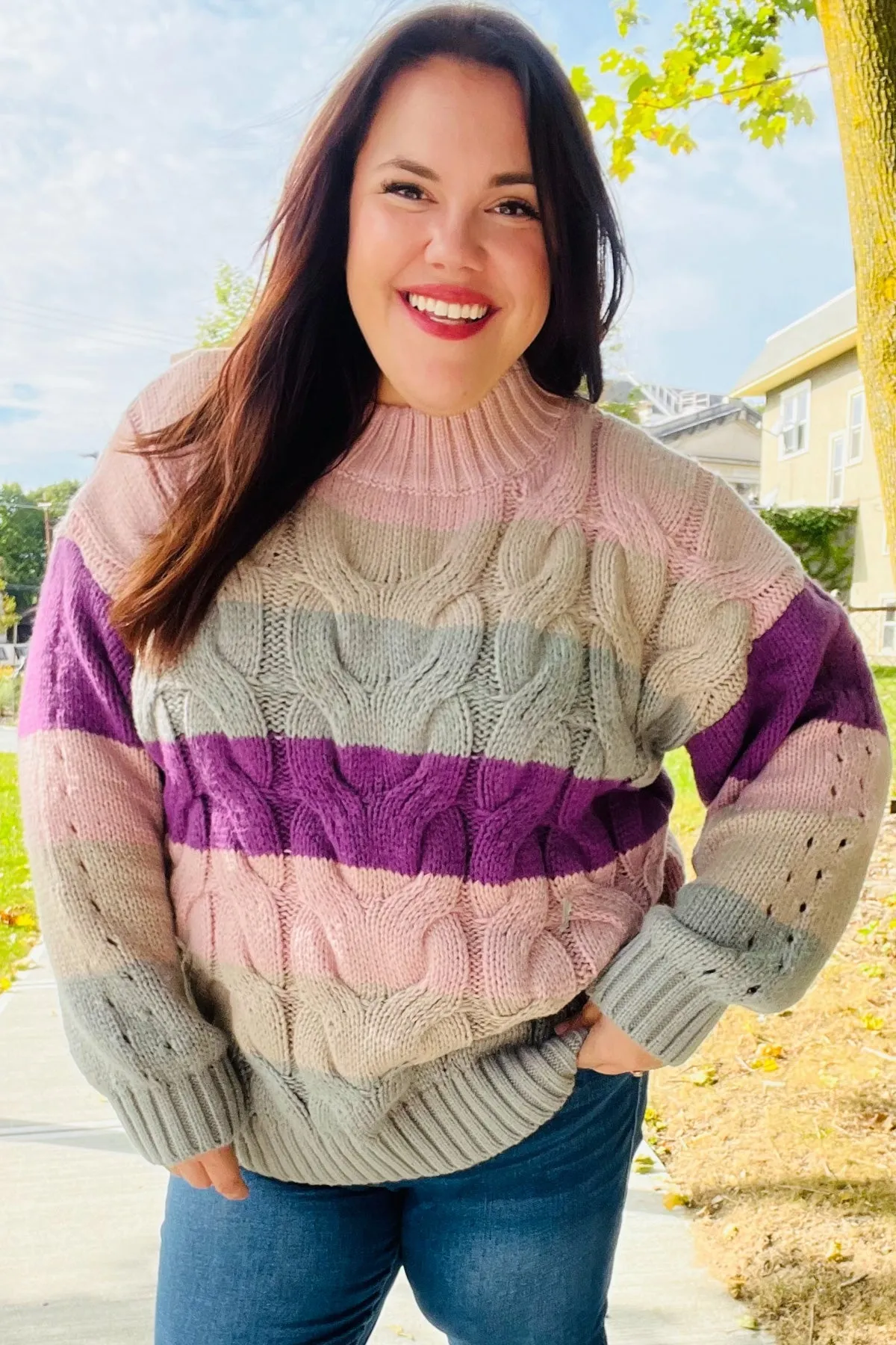 Fall For You Mauve Multicolor Stripe Cable Knit Mock Neck Sweater (Open Pack)