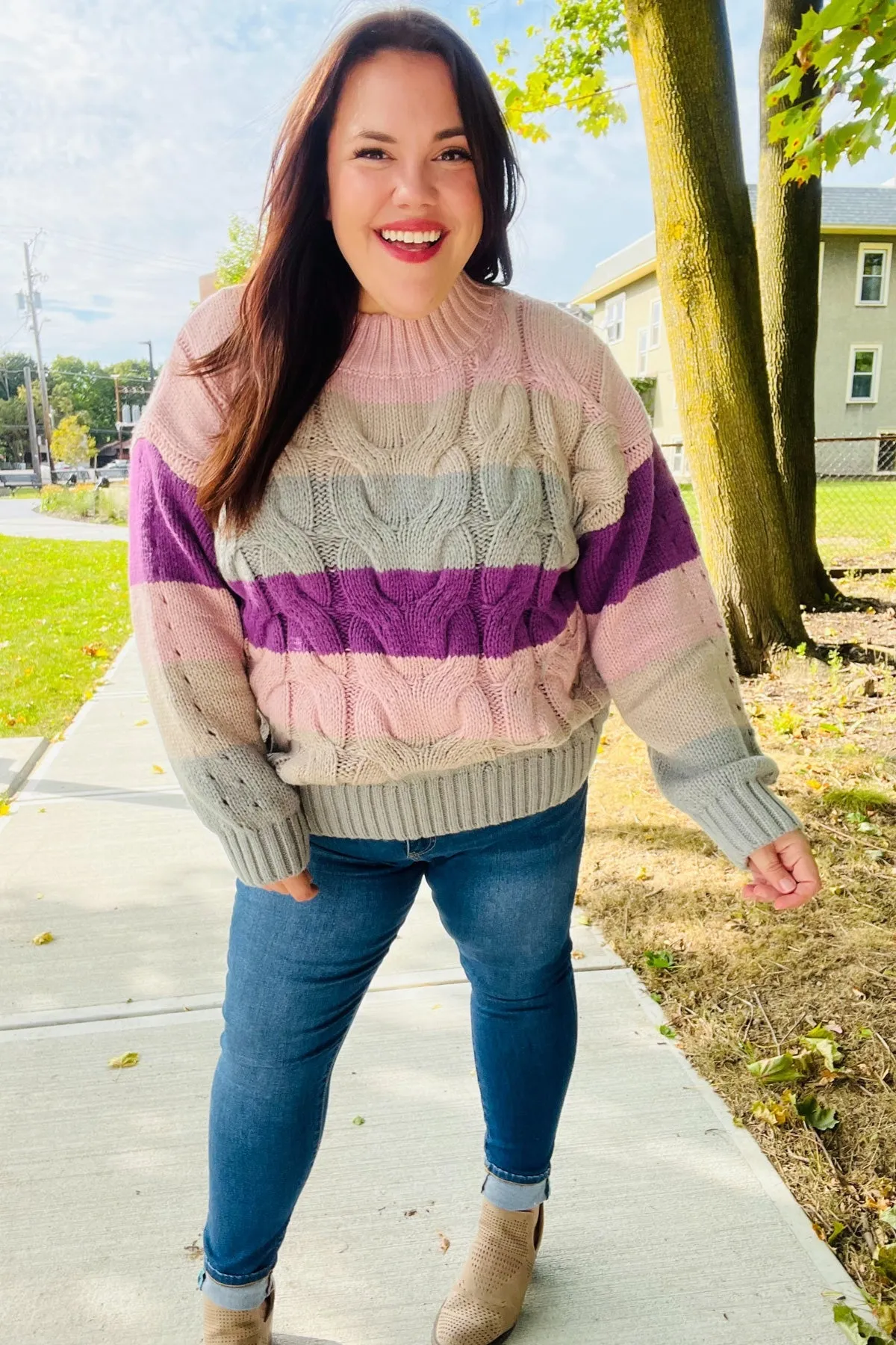 Fall For You Mauve Multicolor Stripe Cable Knit Mock Neck Sweater (Open Pack)