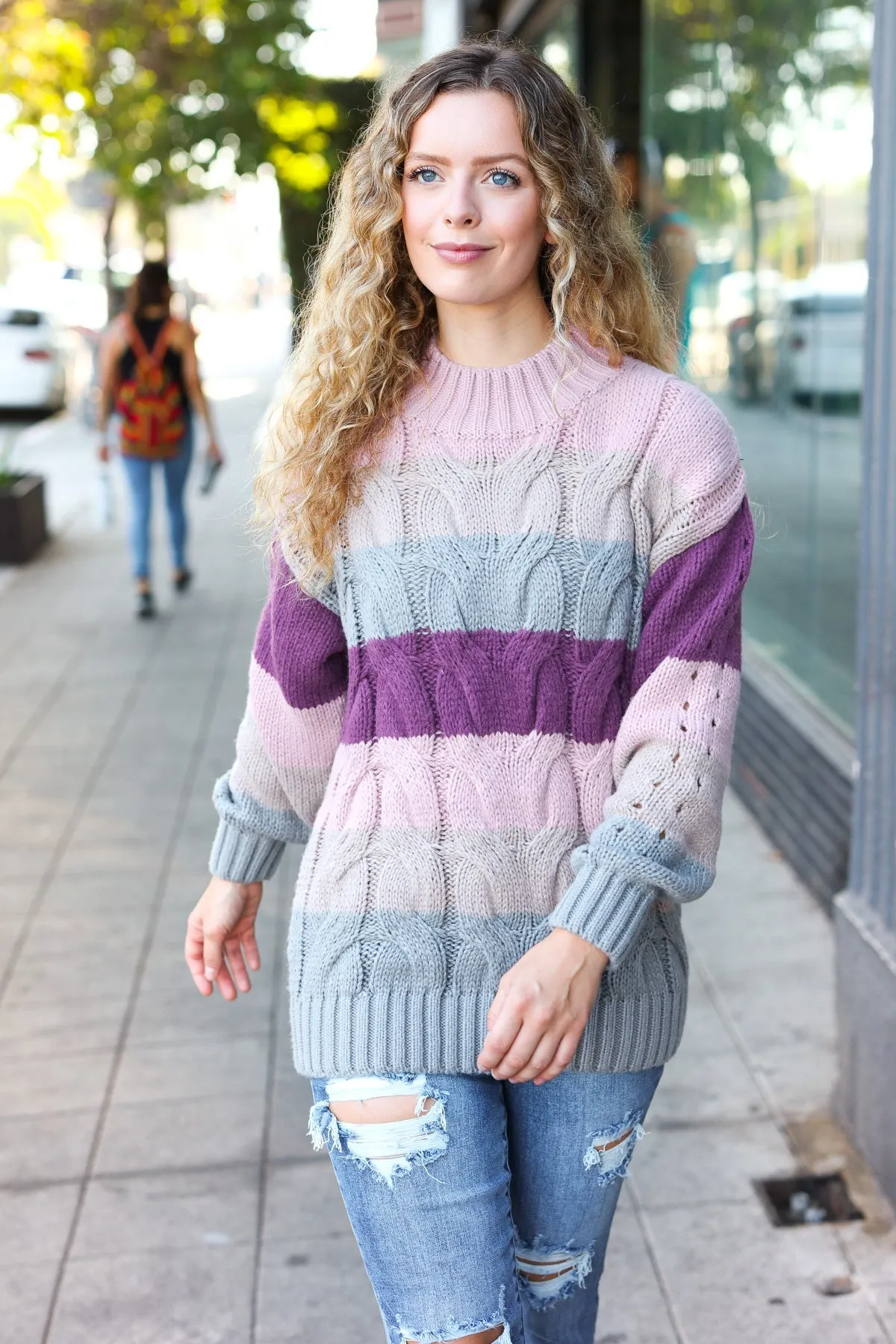 Fall For You Mauve Multicolor Stripe Cable Knit Mock Neck Sweater (Open Pack)