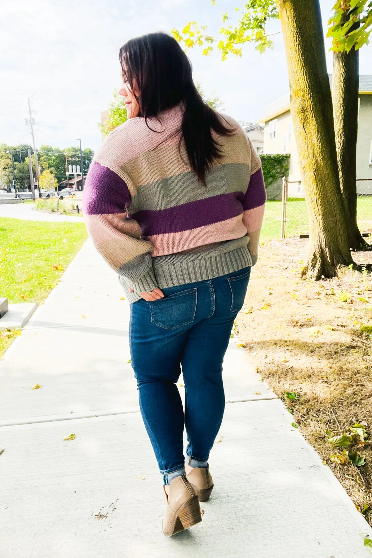 Fall For You Mauve Multicolor Stripe Cable Knit Mock Neck Sweater (Open Pack)