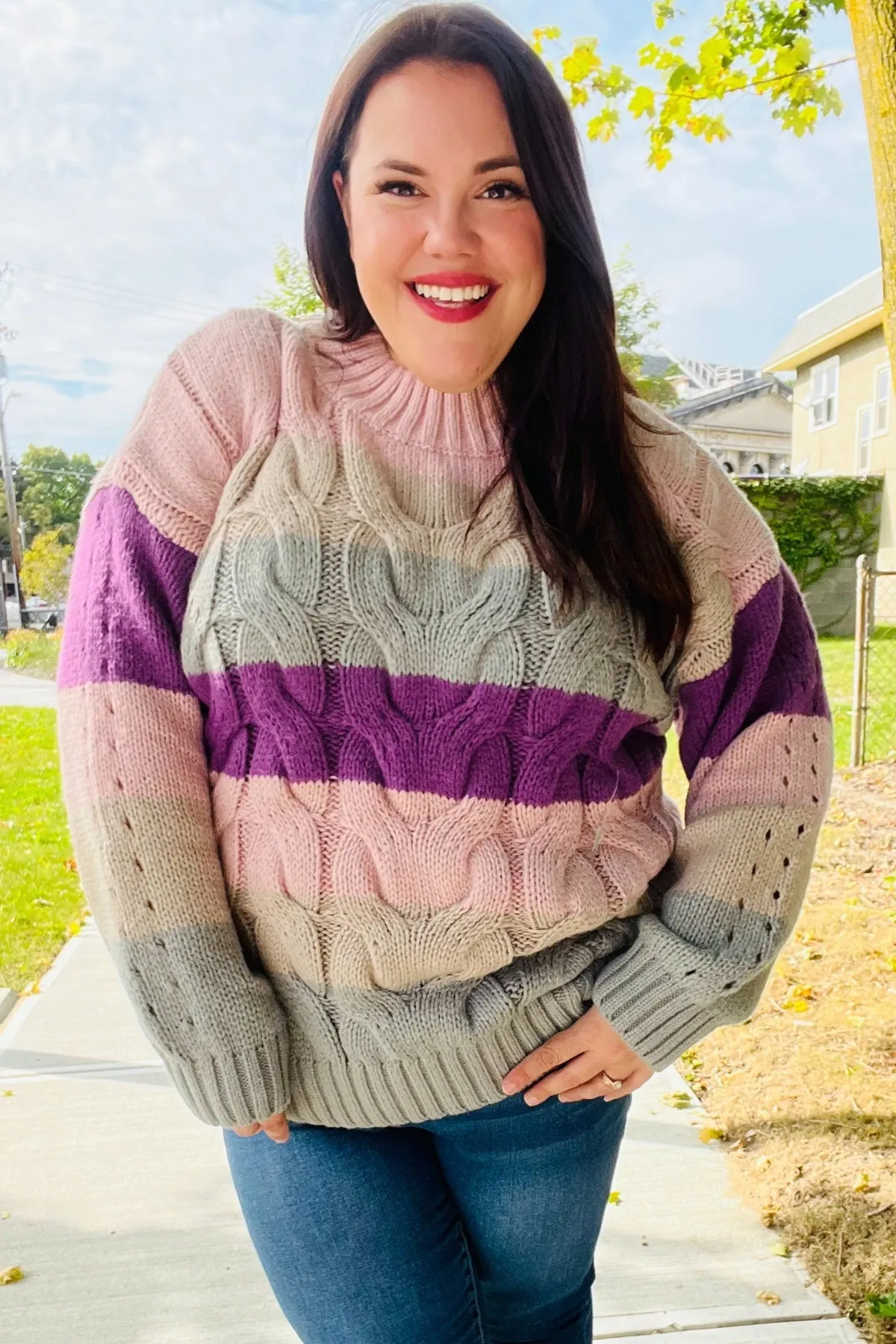 Fall For You Mauve Multicolor Stripe Cable Knit Mock Neck Sweater (Open Pack)