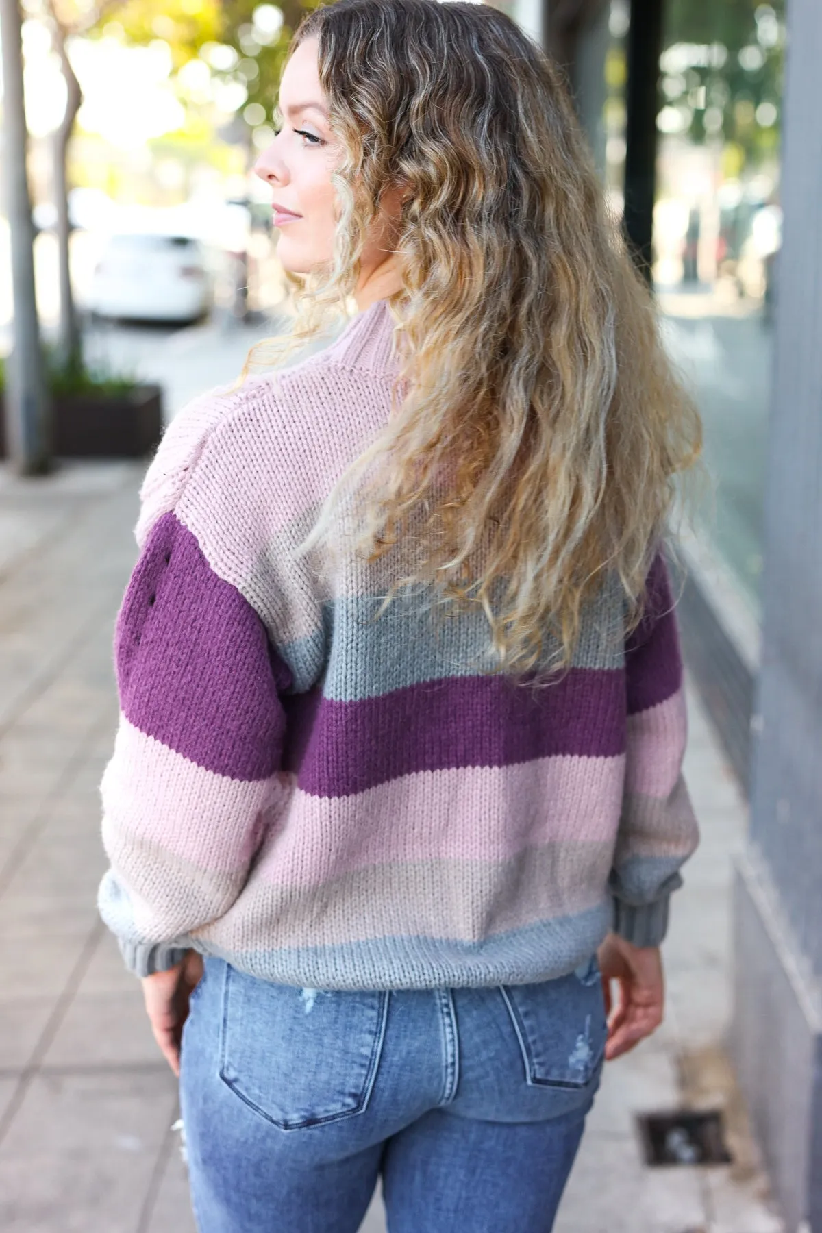 Fall For You Mauve Multicolor Stripe Cable Knit Mock Neck Sweater (Open Pack)