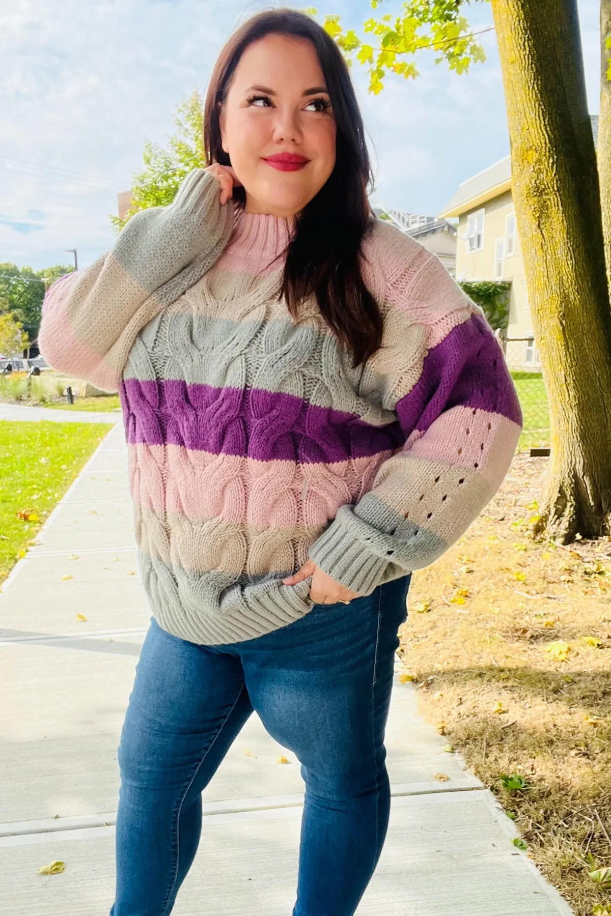 Fall For You Mauve Multicolor Stripe Cable Knit Mock Neck Sweater (Open Pack)
