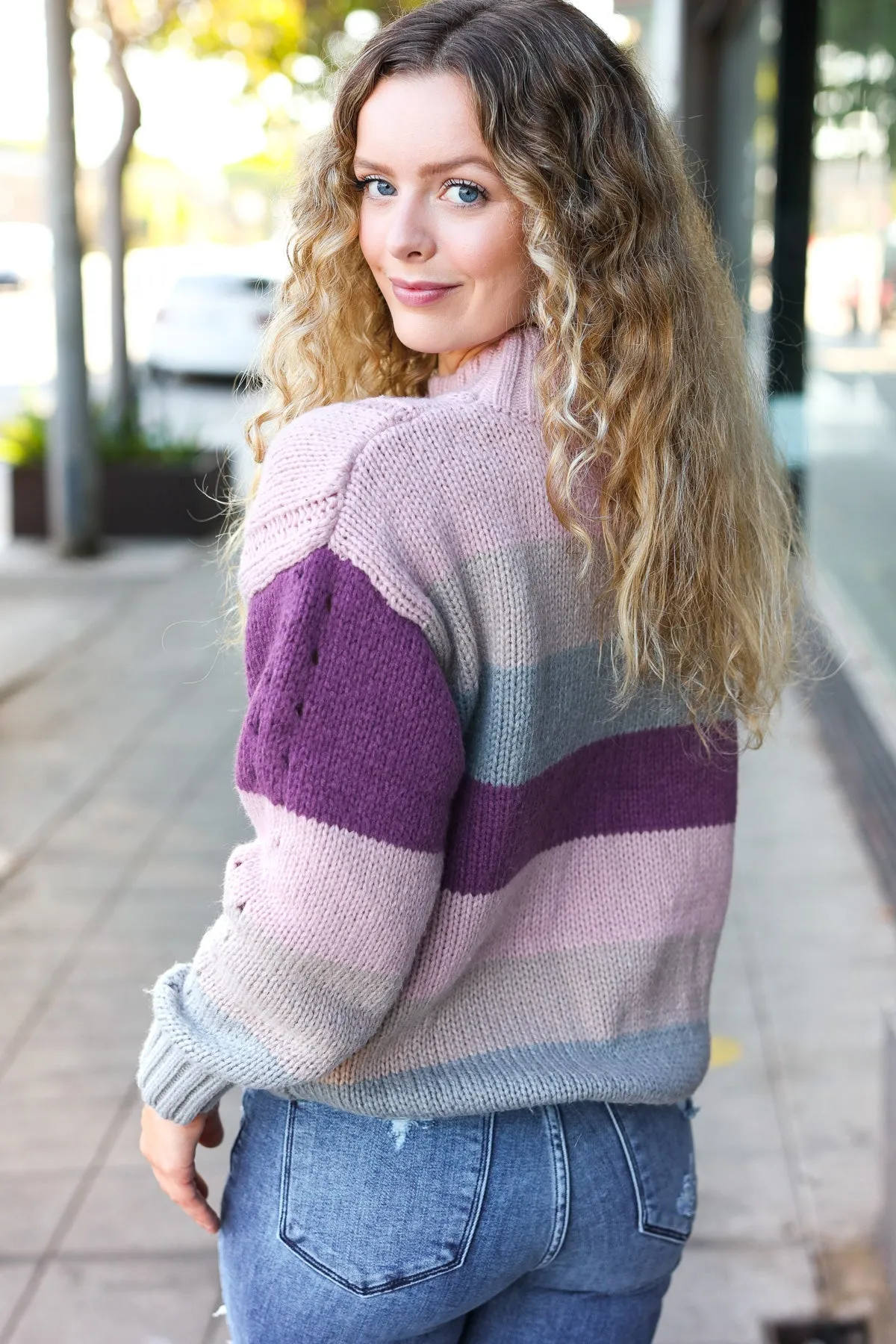 Fall For You Mauve Multicolor Stripe Cable Knit Mock Neck Sweater (Open Pack)