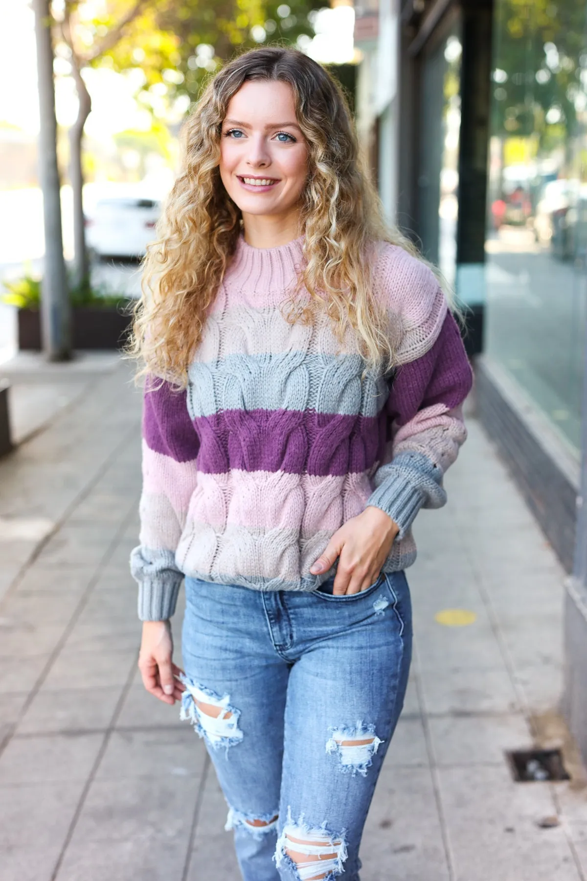 Fall For You Mauve Multicolor Stripe Cable Knit Mock Neck Sweater (Open Pack)