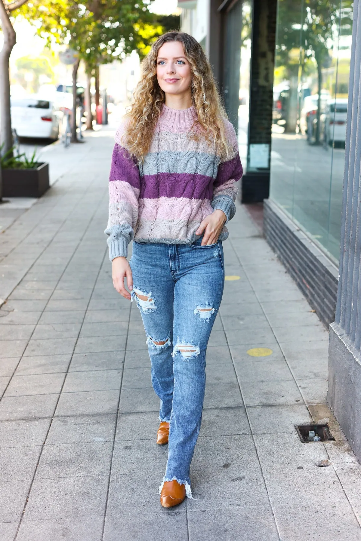 Fall For You Mauve Multicolor Stripe Cable Knit Mock Neck Sweater (Open Pack)