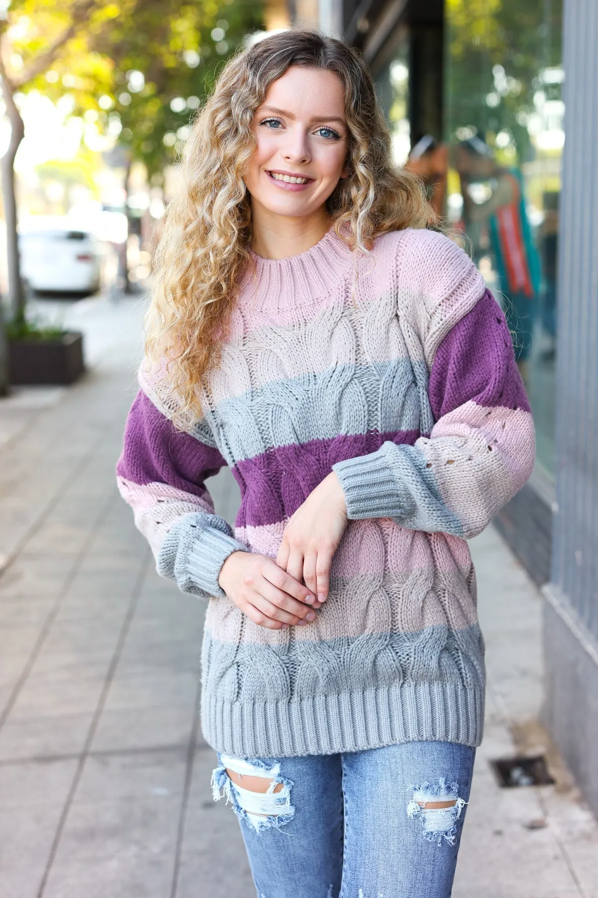 Fall For You Mauve Multicolor Stripe Cable Knit Mock Neck Sweater (Open Pack)