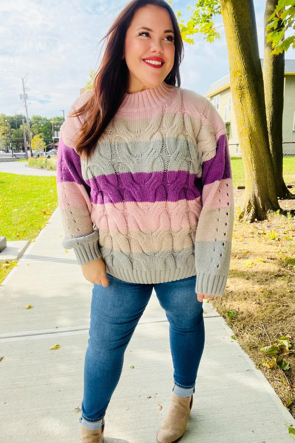 Fall For You Mauve Multicolor Stripe Cable Knit Mock Neck Sweater (Open Pack)