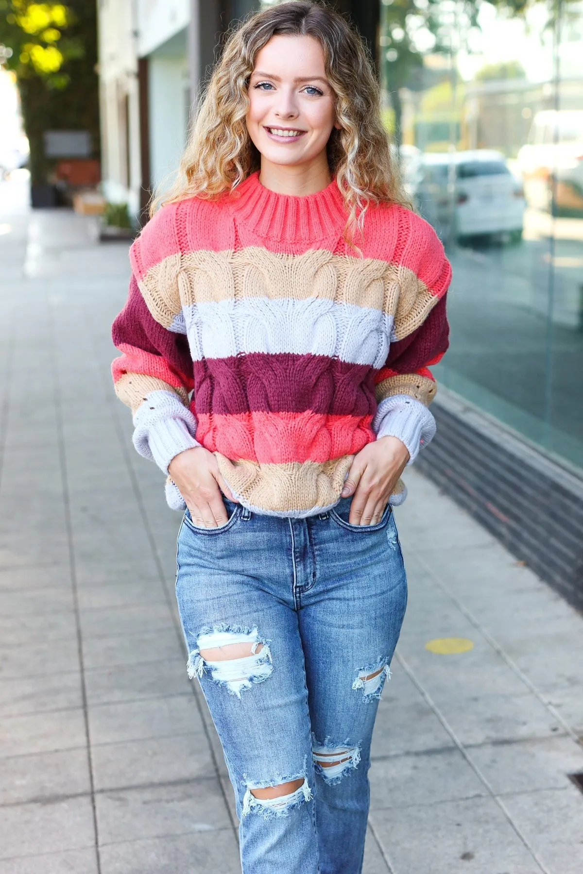 Fall For You Rust Multicolor Stripe Cable Knit Mock Neck Sweater (Open Pack)
