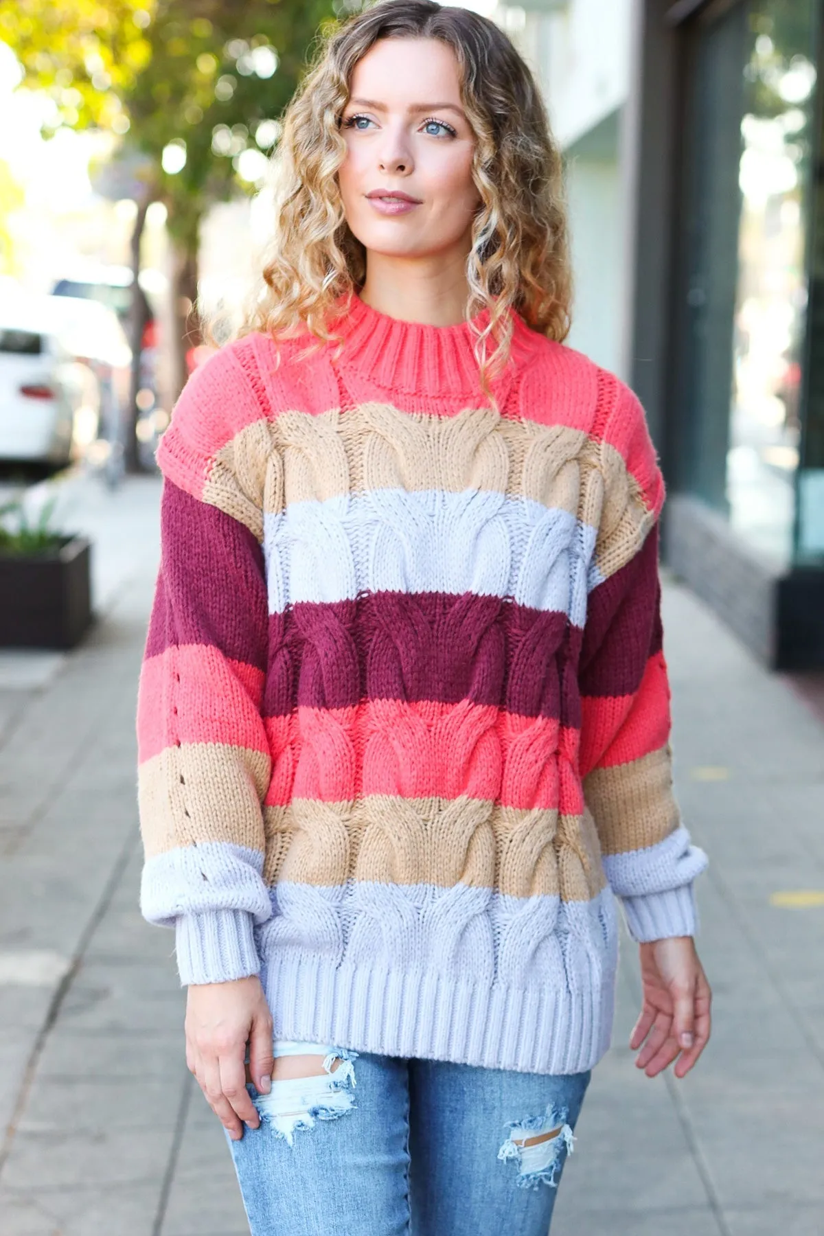 Fall For You Rust Multicolor Stripe Cable Knit Mock Neck Sweater (Open Pack)
