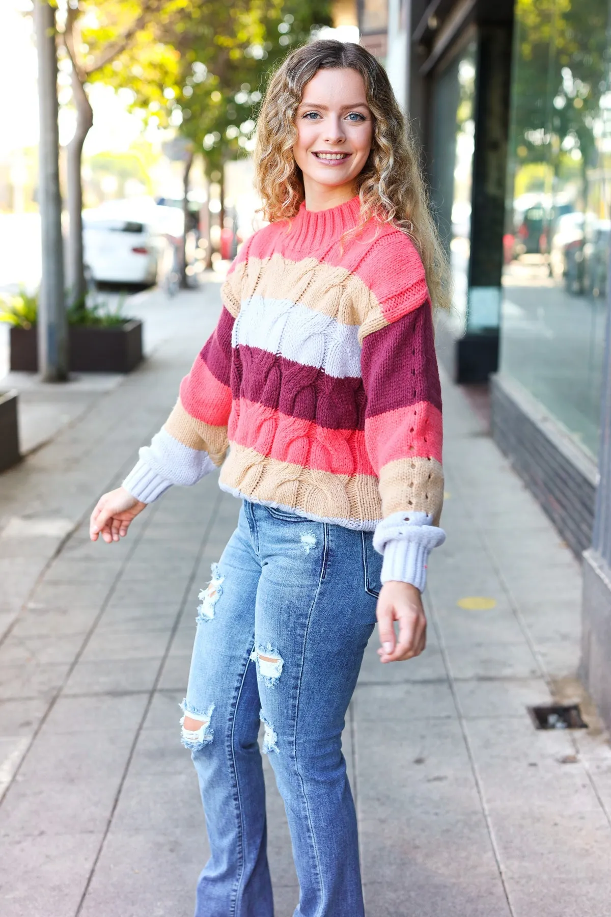 Fall For You Rust Multicolor Stripe Cable Knit Mock Neck Sweater (Open Pack)