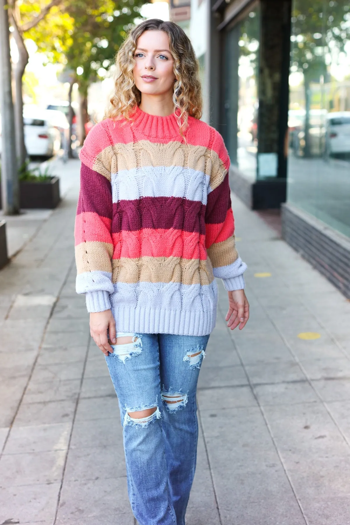 Fall For You Rust Multicolor Stripe Cable Knit Mock Neck Sweater (Open Pack)