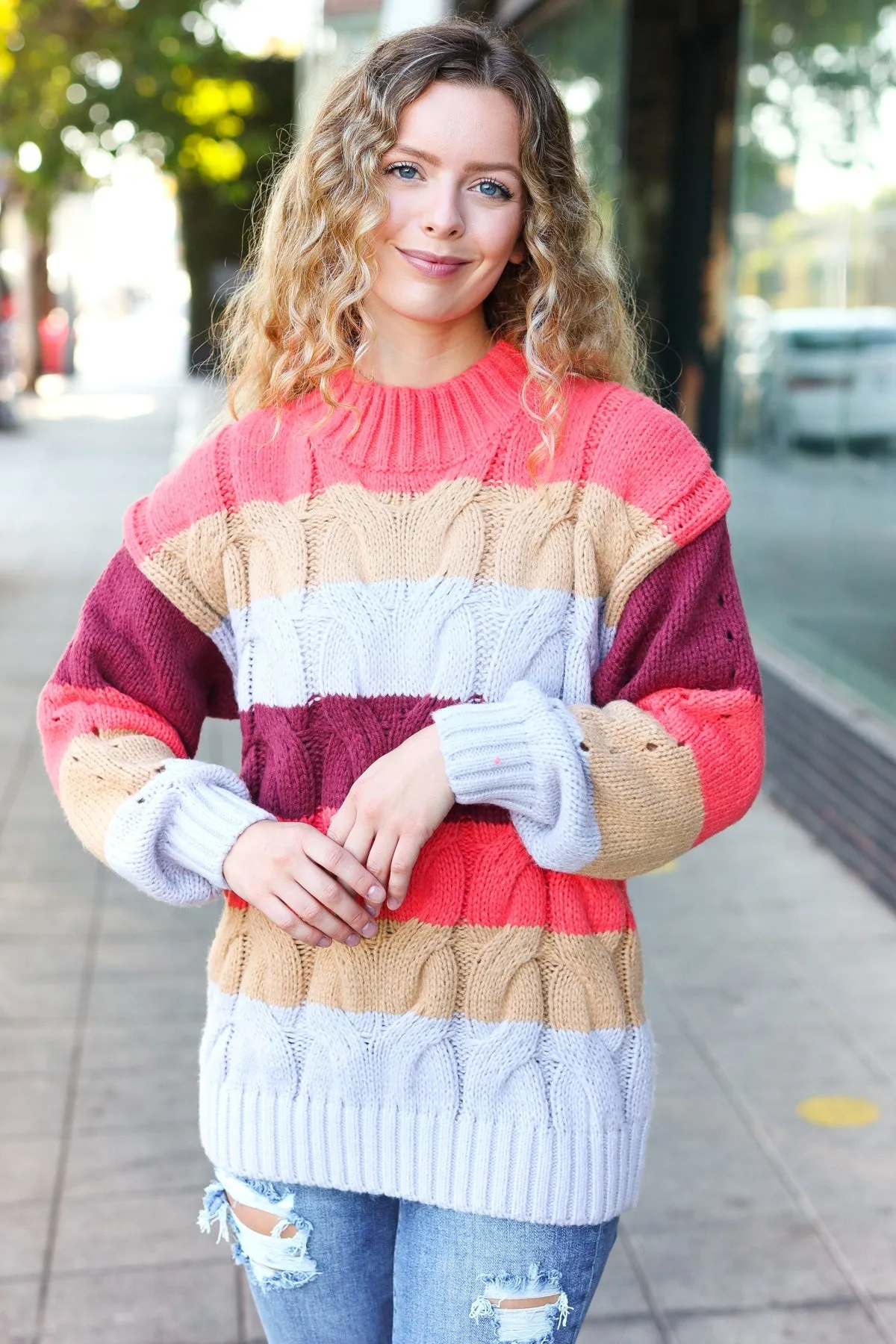 Fall For You Rust Multicolor Stripe Cable Knit Mock Neck Sweater (Open Pack)