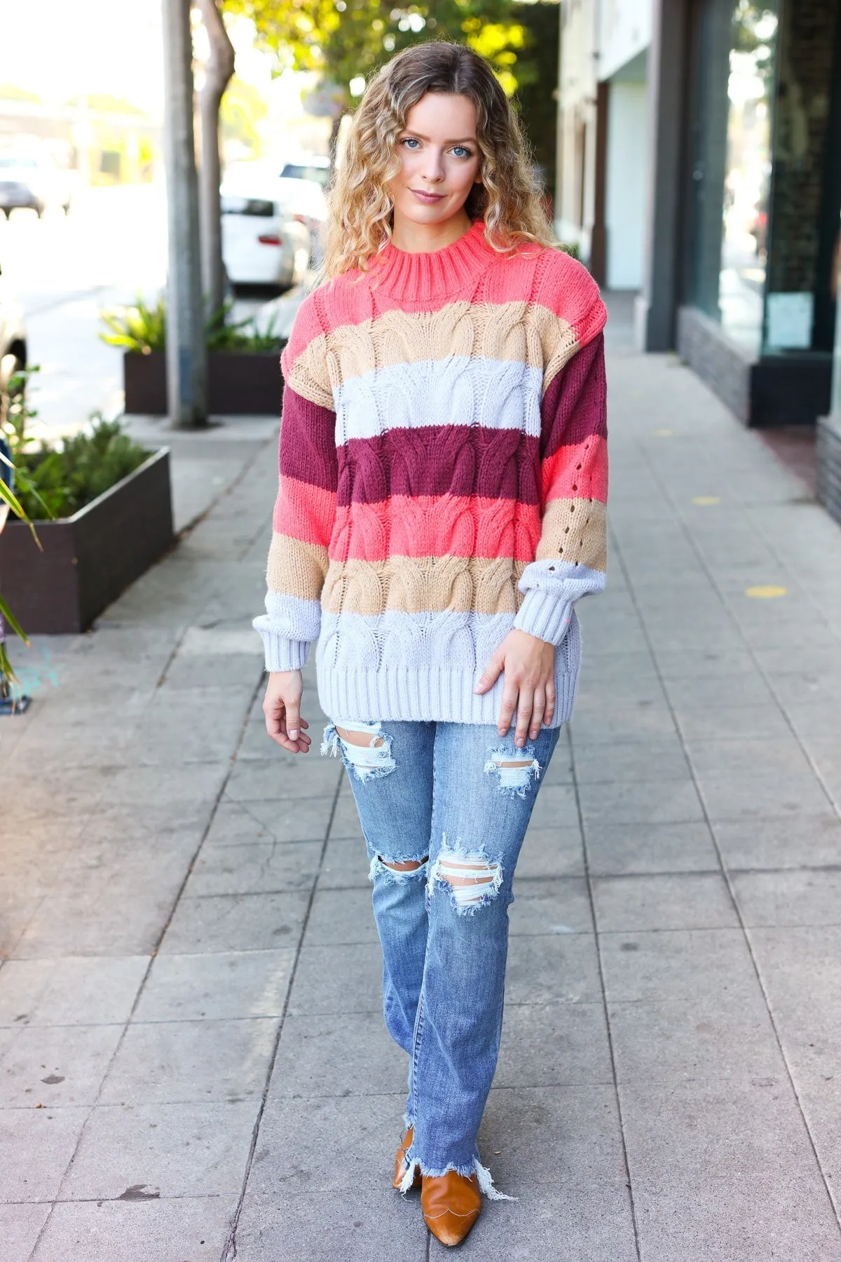 Fall For You Rust Multicolor Stripe Cable Knit Mock Neck Sweater (Open Pack)
