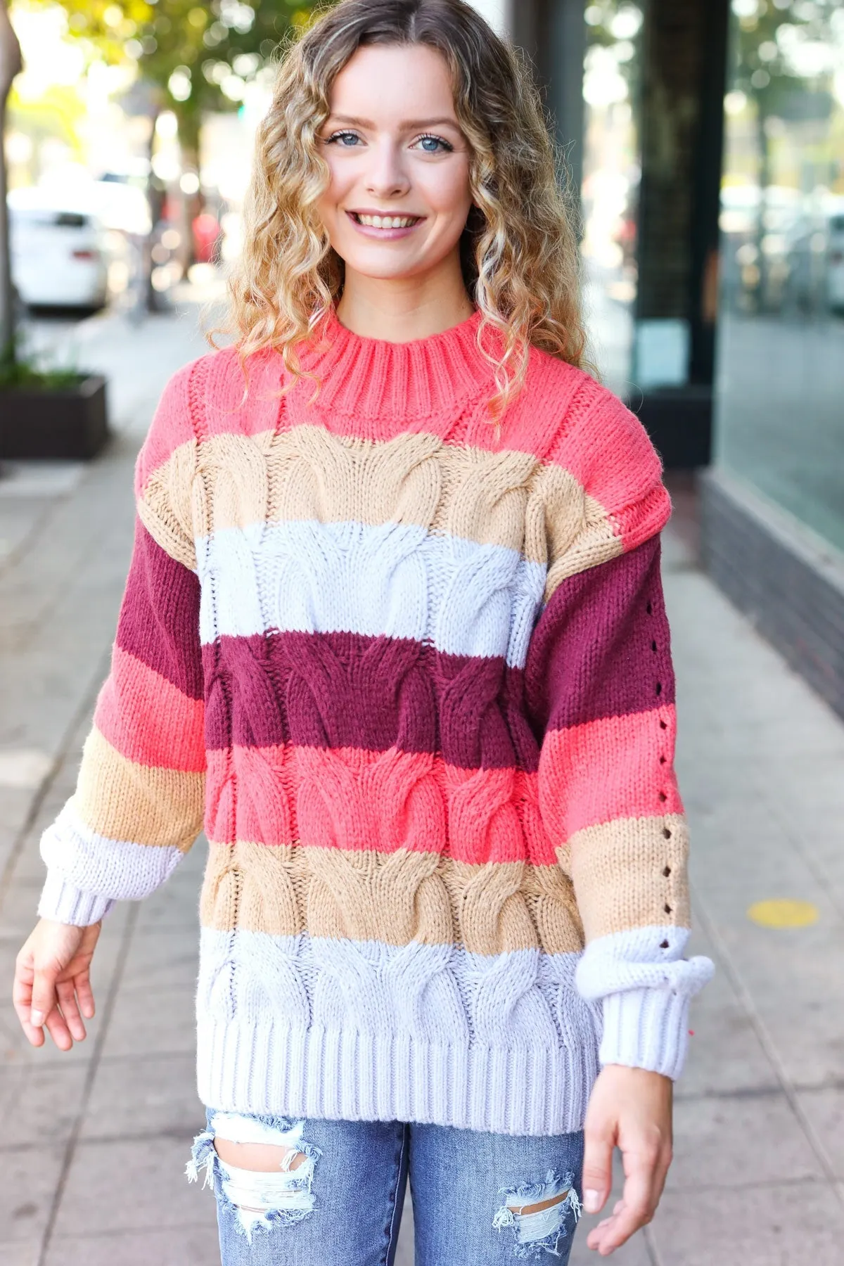 Fall For You Rust Multicolor Stripe Cable Knit Mock Neck Sweater (Open Pack)