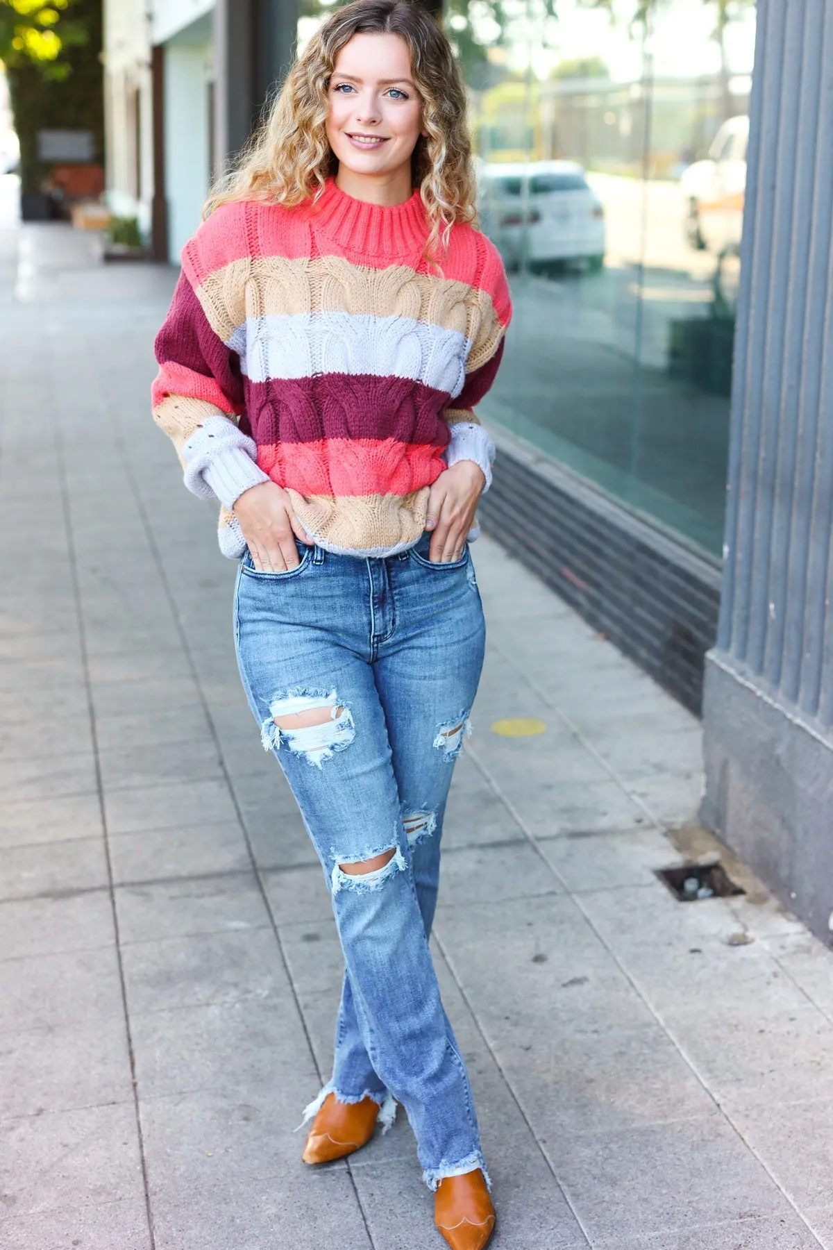 Fall For You Rust Multicolor Stripe Cable Knit Mock Neck Sweater (Open Pack)