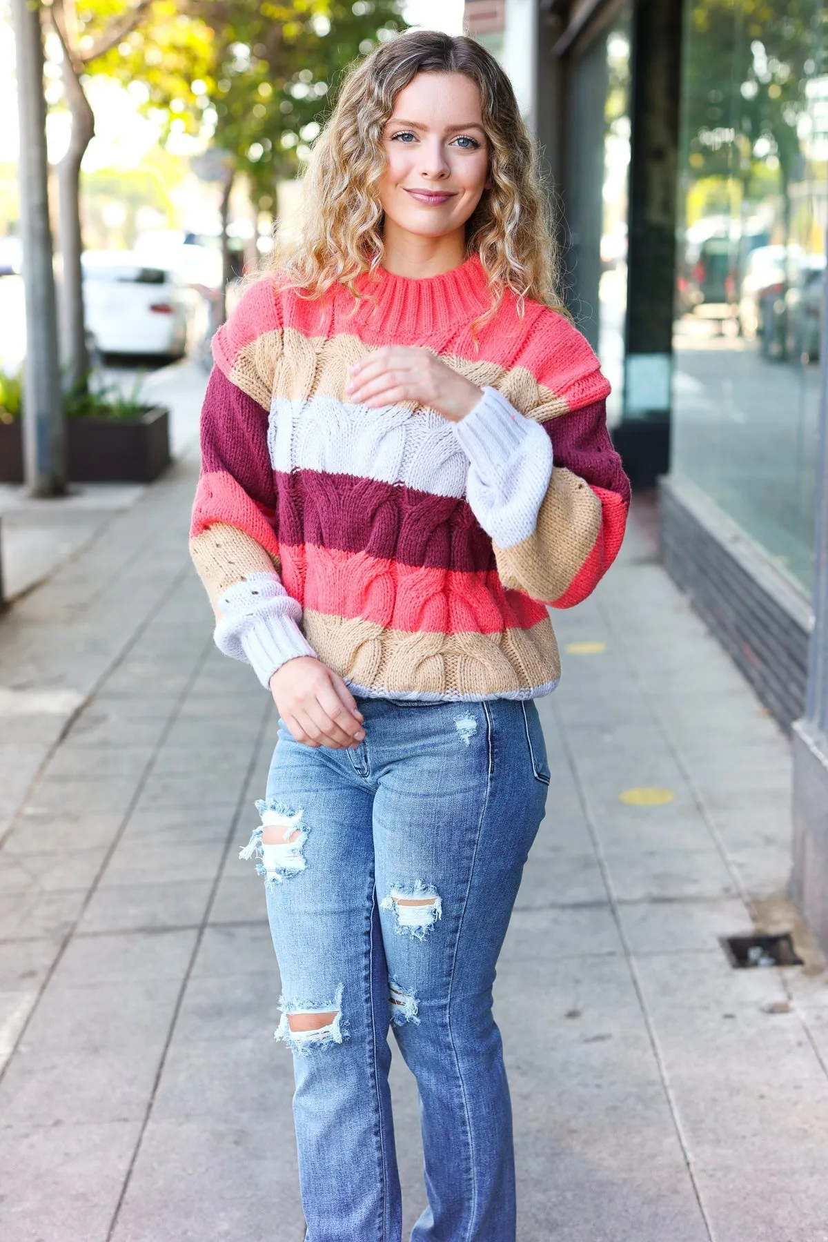 Fall For You Rust Multicolor Stripe Cable Knit Mock Neck Sweater (Open Pack)