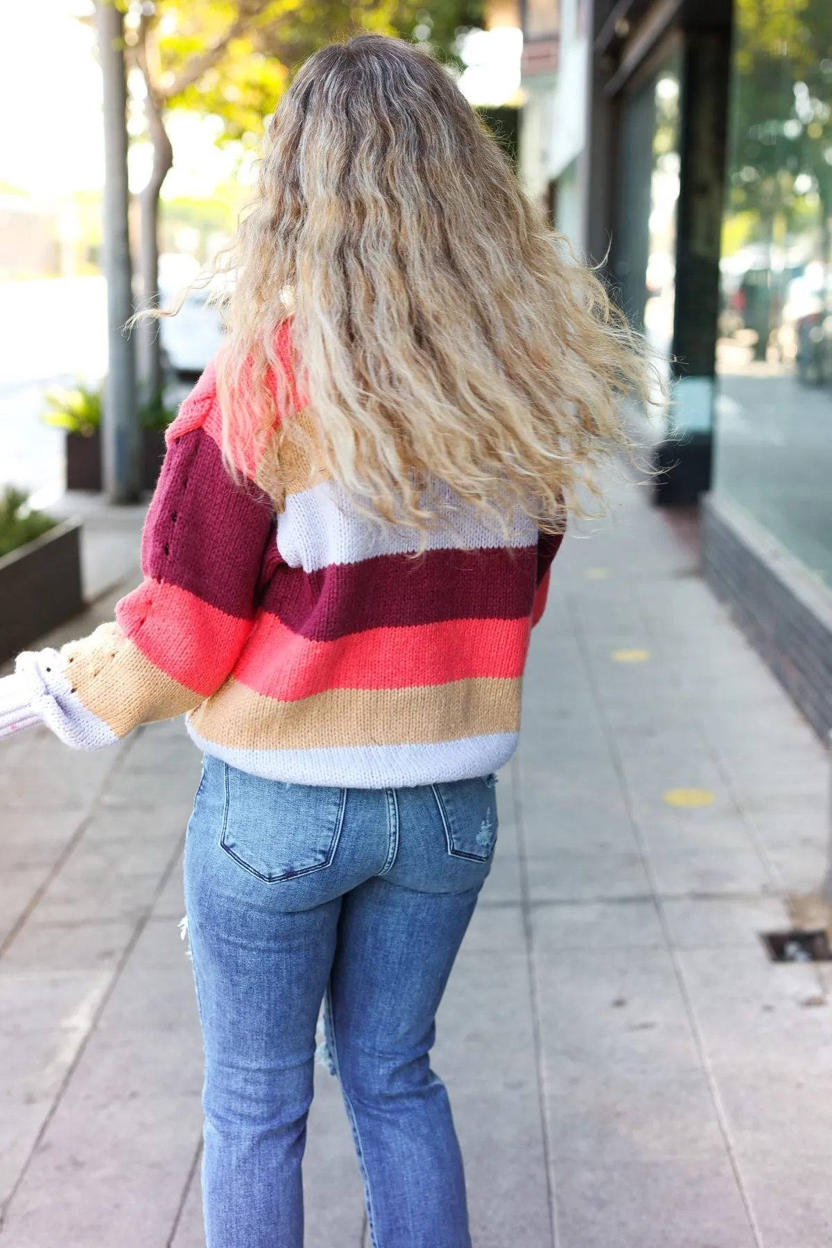 Fall For You Rust Multicolor Stripe Cable Knit Mock Neck Sweater (Open Pack)