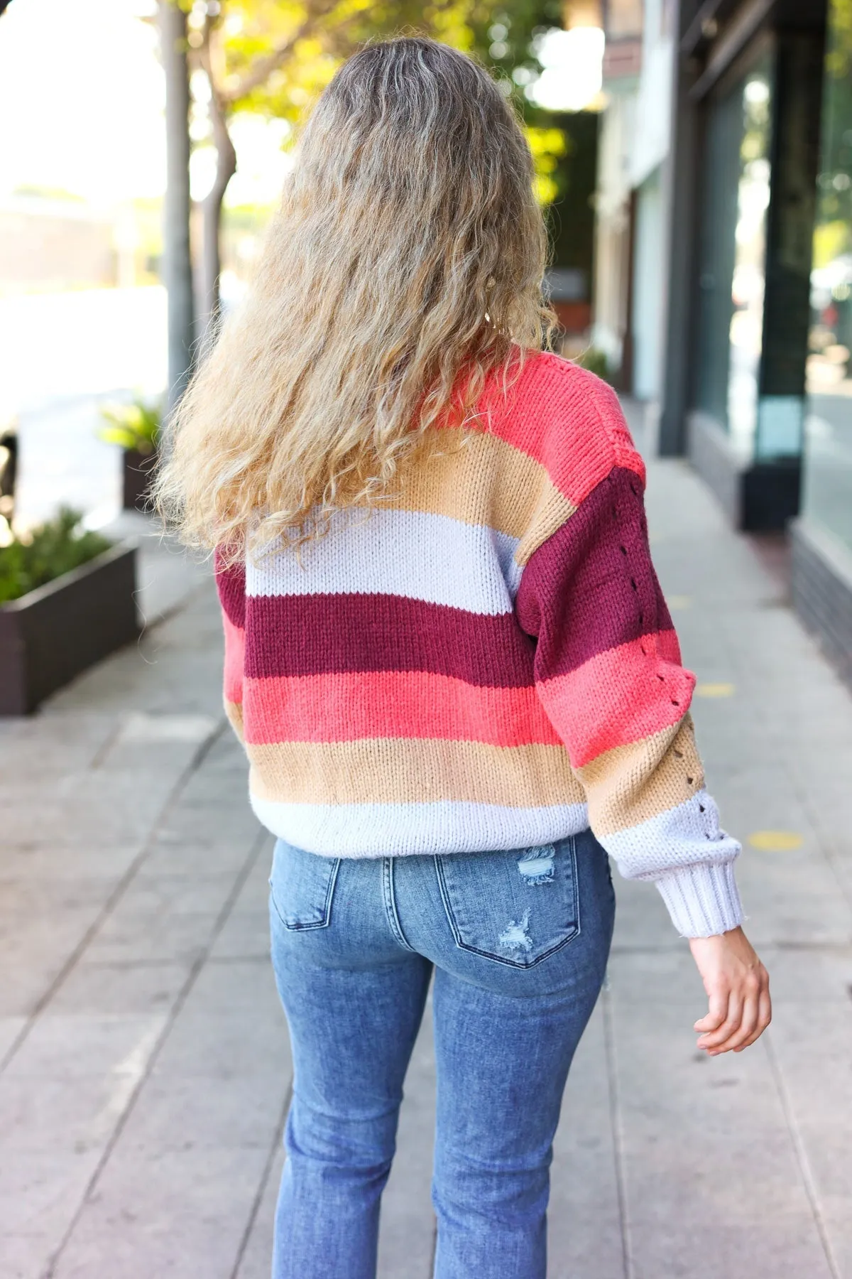 Fall For You Rust Multicolor Stripe Cable Knit Mock Neck Sweater (Open Pack)