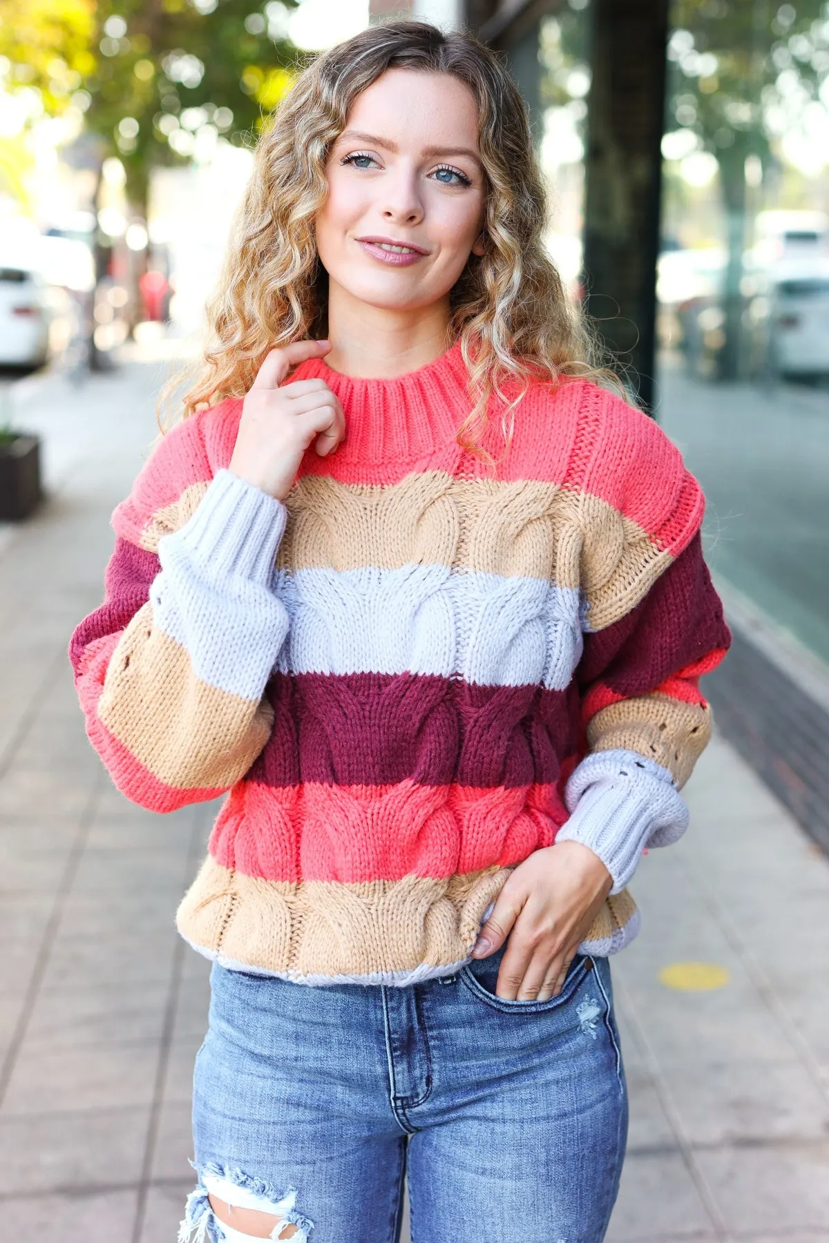 Fall For You Rust Multicolor Stripe Cable Knit Mock Neck Sweater (Open Pack)