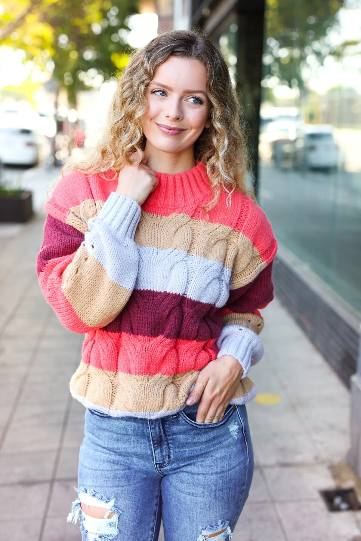 Fall For You Rust Multicolor Stripe Cable Knit Mock Neck Sweater (Open Pack)
