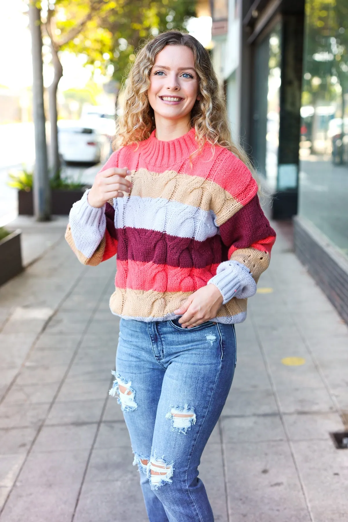 Fall For You Rust Multicolor Stripe Cable Knit Mock Neck Sweater (Open Pack)