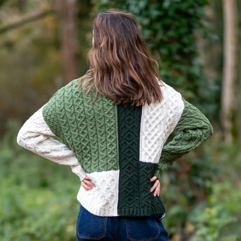 Green Emma Patchwork Crew Neck Aran Sweater