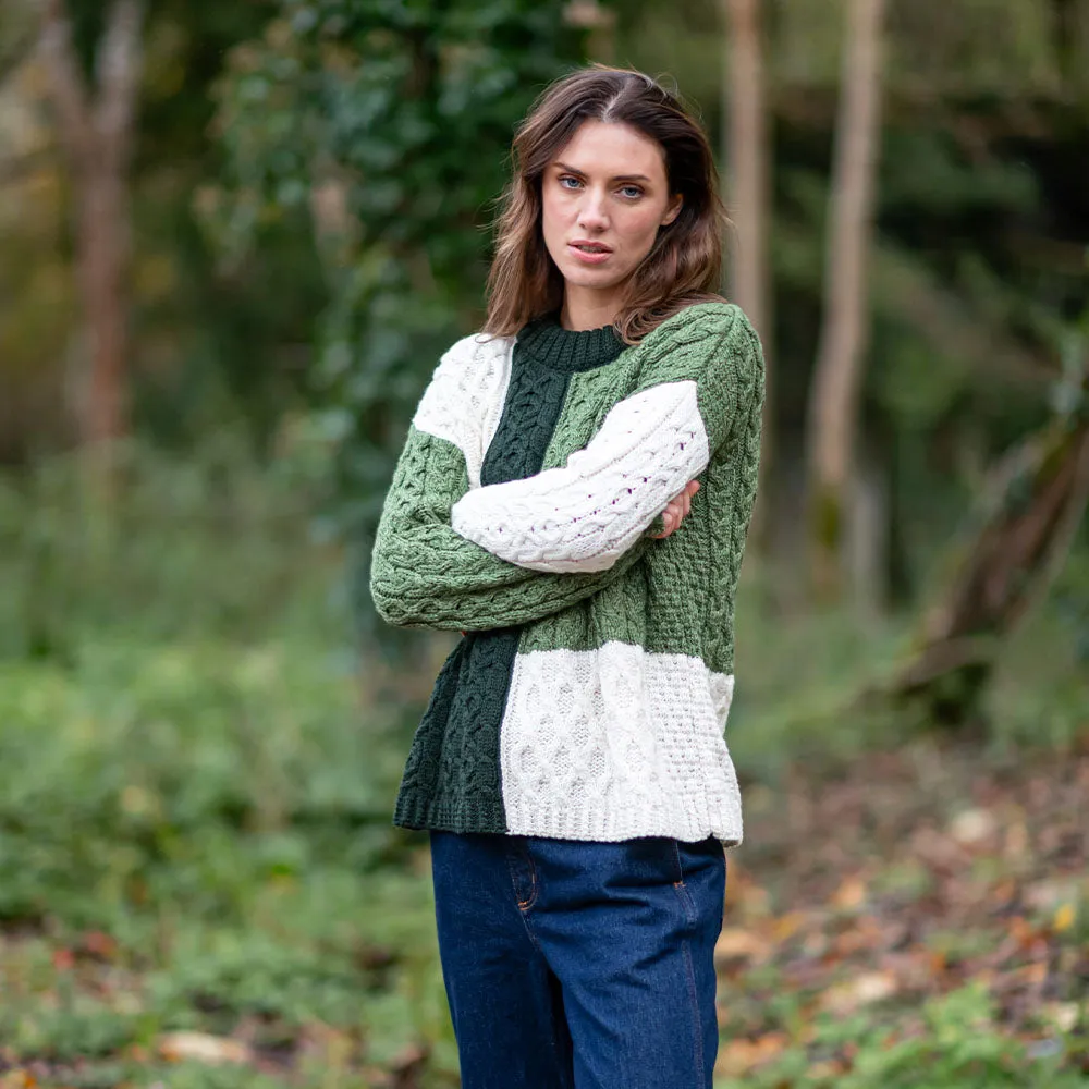 Green Emma Patchwork Crew Neck Aran Sweater