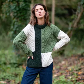 Green Emma Patchwork Crew Neck Aran Sweater