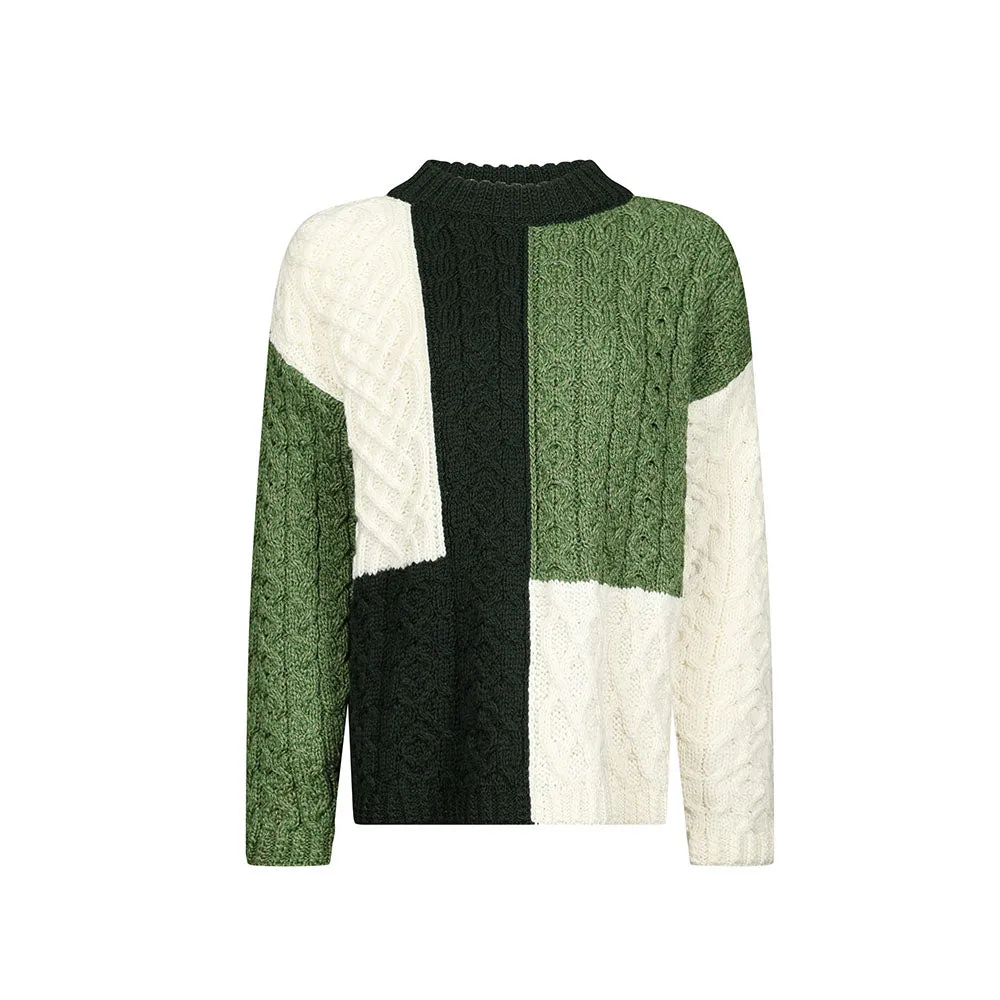 Green Emma Patchwork Crew Neck Aran Sweater
