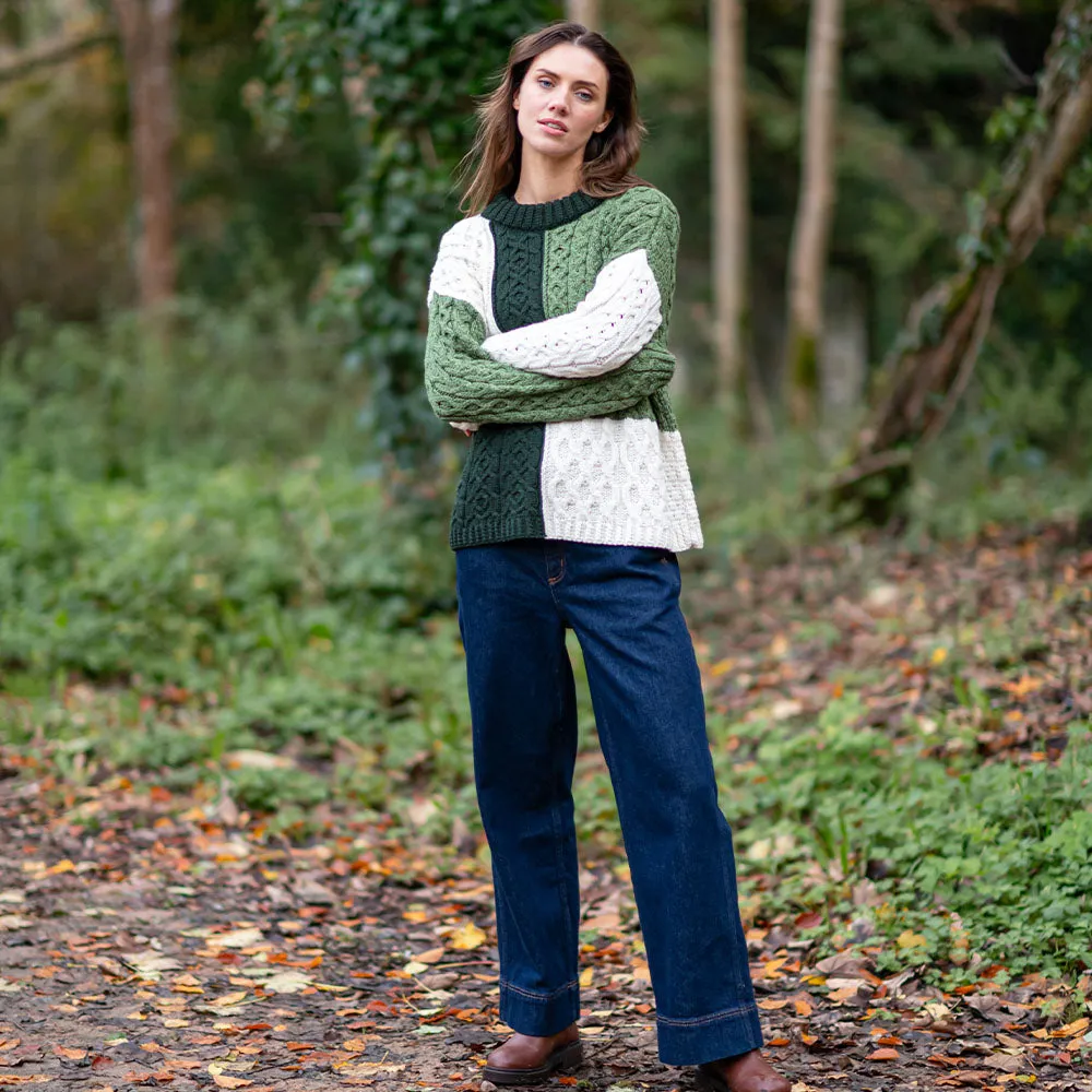 Green Emma Patchwork Crew Neck Aran Sweater