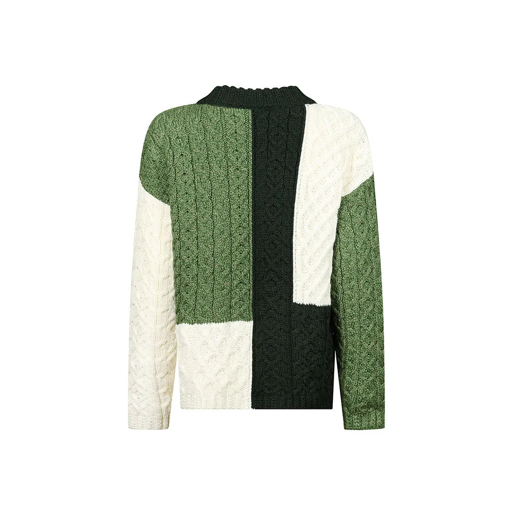 Green Emma Patchwork Crew Neck Aran Sweater