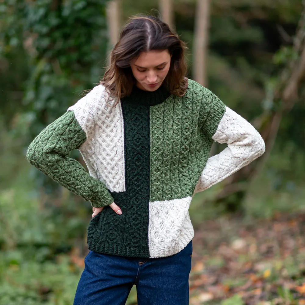 Green Emma Patchwork Crew Neck Aran Sweater