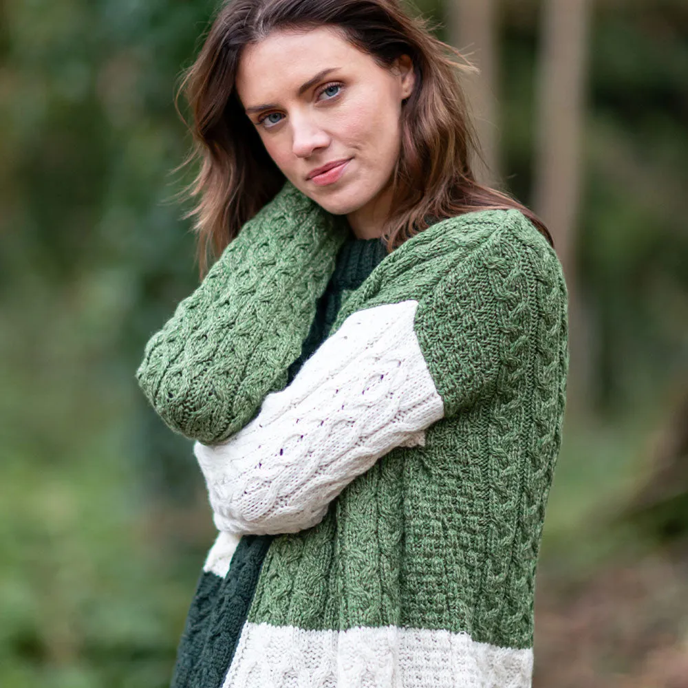 Green Emma Patchwork Crew Neck Aran Sweater