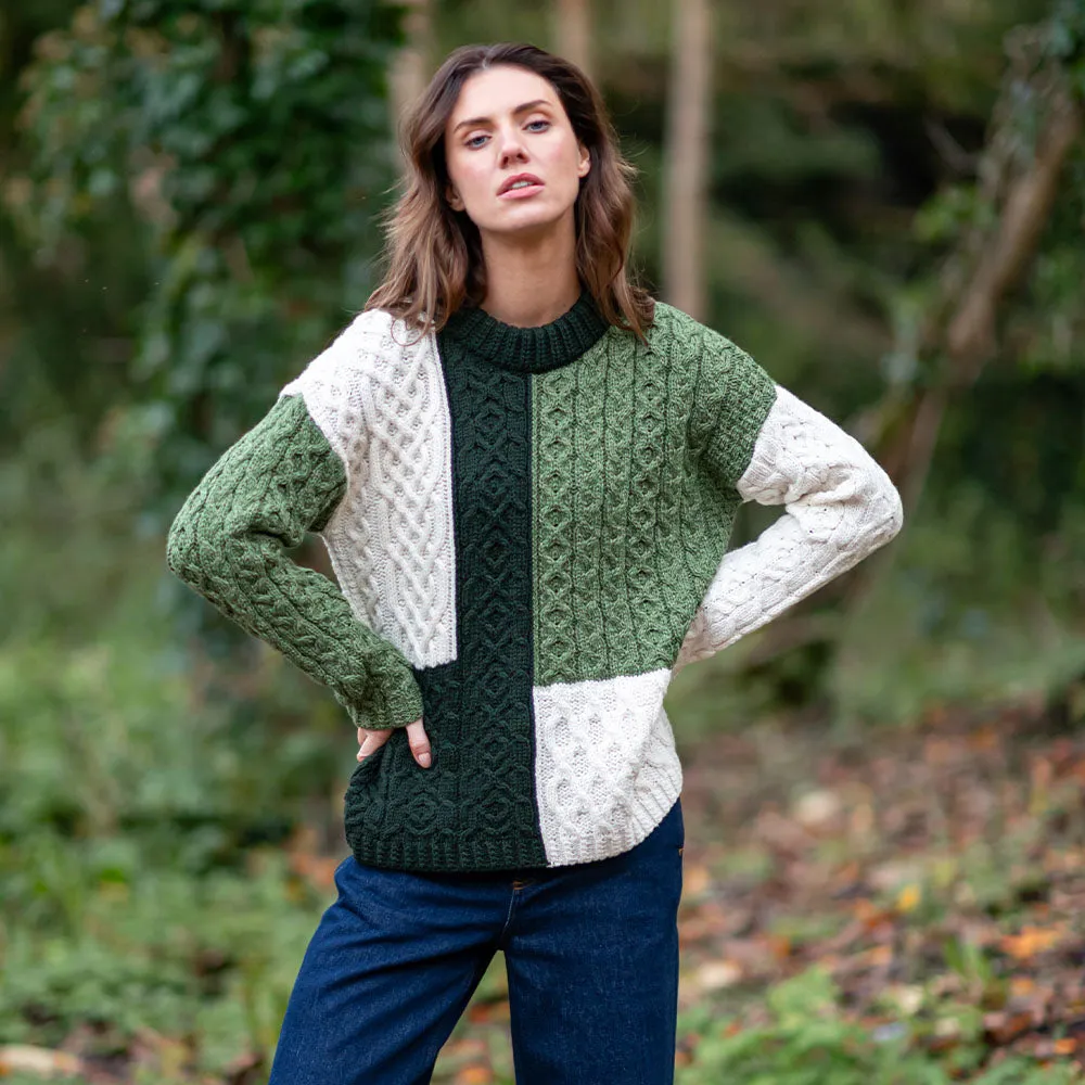 Green Emma Patchwork Crew Neck Aran Sweater