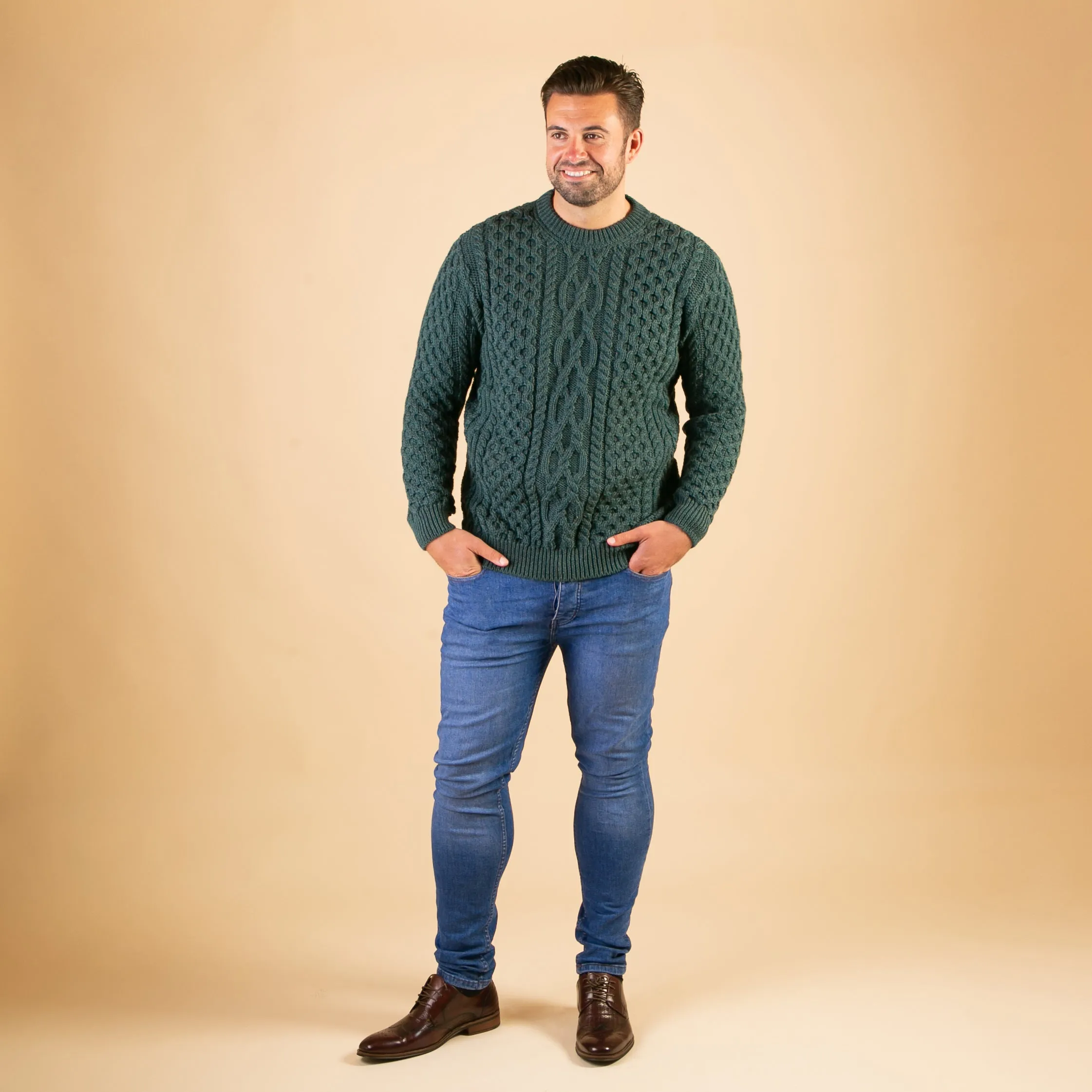 Green Oisin Unisex Crew Neck Aran Sweater