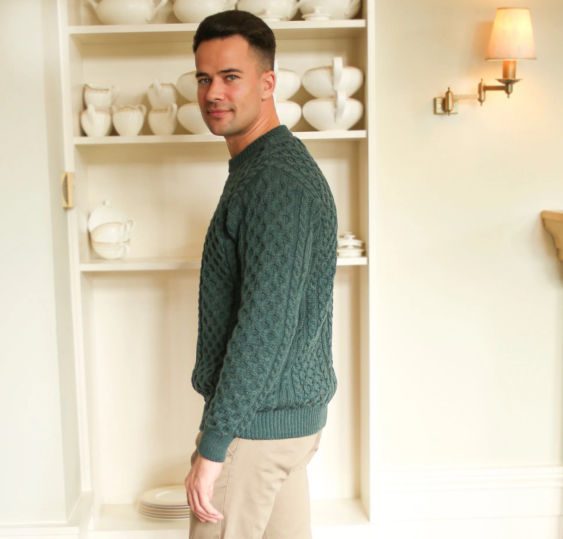 Green Oisin Unisex Crew Neck Aran Sweater